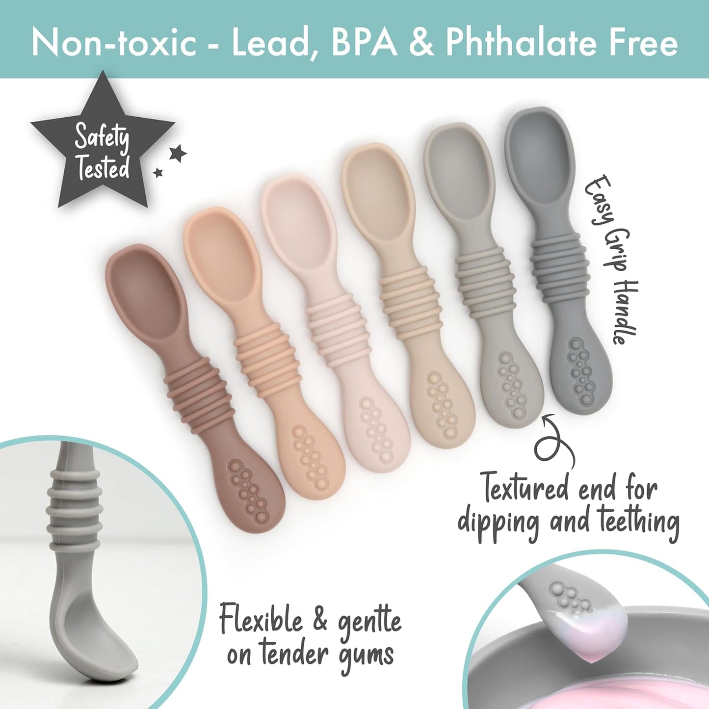 PrimaStella Silicone Chew Spoon 6-Piece Set | First Stage Feeding Spoons | Baby Led Weaning Supplies | BPA Free | Dishwasher and Boil Safe | Neutral Palette