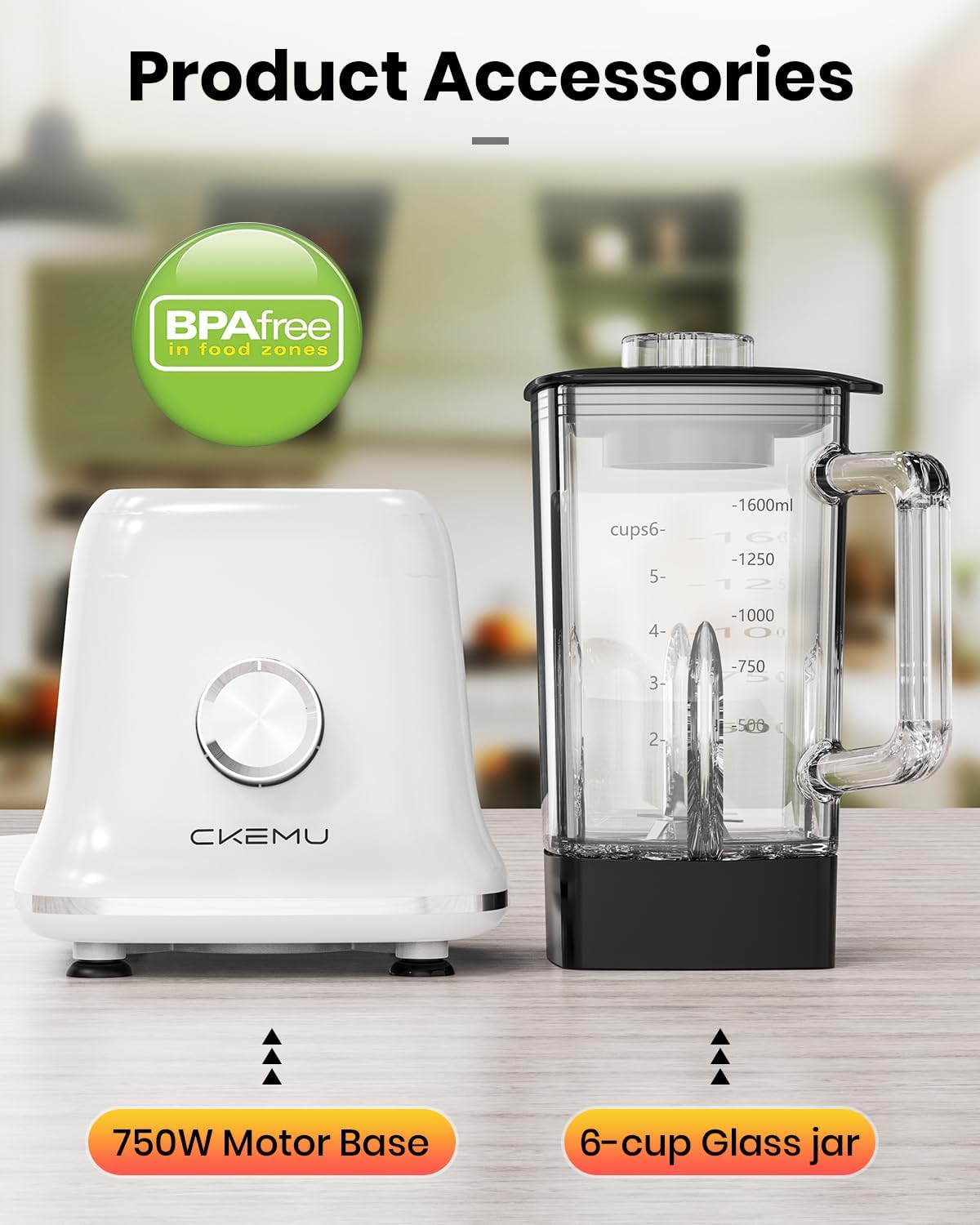 Professional Blender For Smoothies, 58 Oz Glass Jar, Glass Blender Including Puree & Crush Ice Functions, 750 Watts, B02 (White)