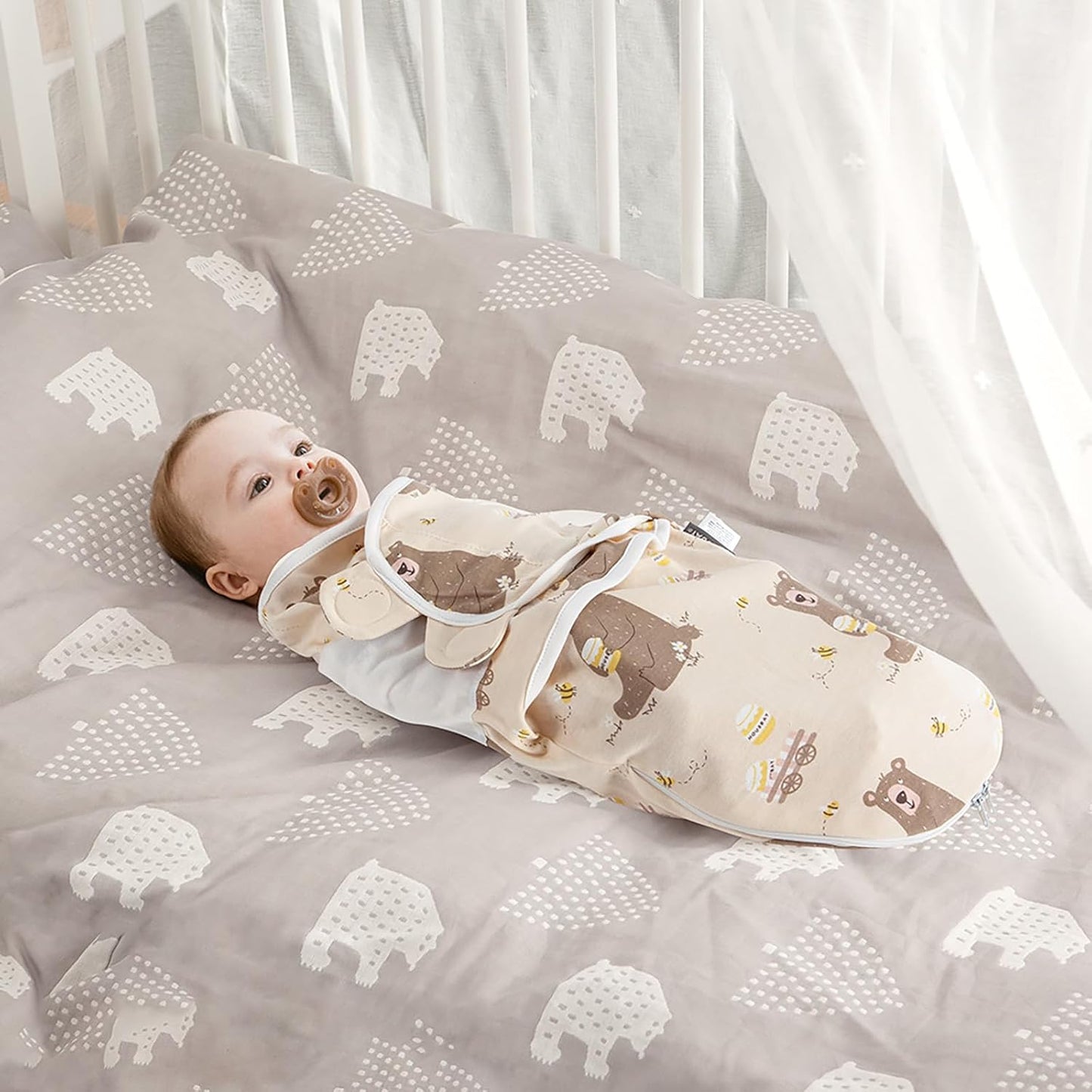 HOUSBAY Baby Swaddle Blanket Boy Girl Super Soft 100% Cotton Newborn Adjustable Swaddles 2-Way Zipper Sleep Sack 1 Pack (Honey Bear, Small/Medium | 0-3 Months)