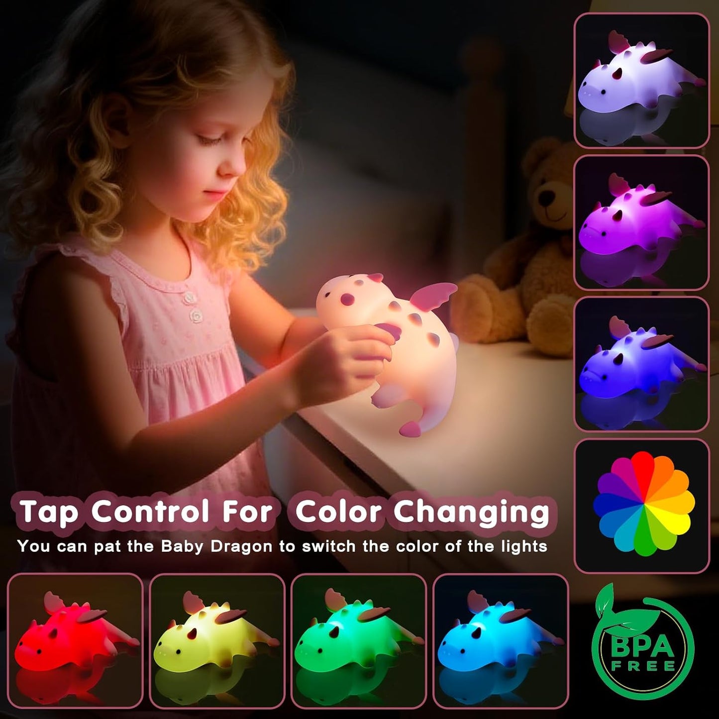 Cute Baby Dragon Kids Night Light for Kids,Cute Soft Silicone Lamp 3 Level Dimmable Changing Rechargeable Breastfeeding Nursery Portable Kawaii Lamps,Bedside Lamp for Baby and Toddler,Boy Girls（Pink）