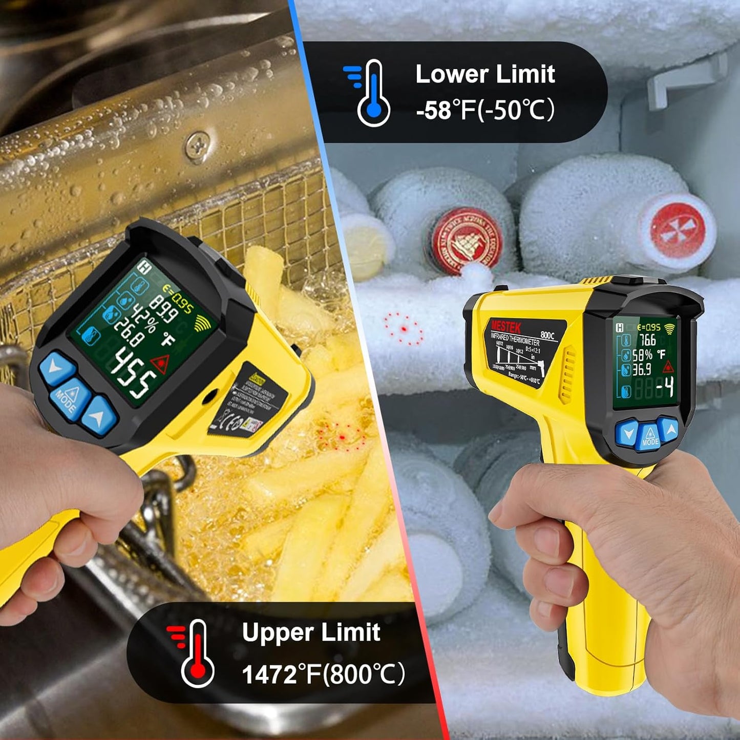 MESTEK Infrared Thermometer Laser Temperature Gun, -58°F to 1472°F (-50~800°C), Non-Contact Digital IR Thermometer Temp Gun Gun with Color LCD for Cooking Pizza Oven, Adjustable Emissivity