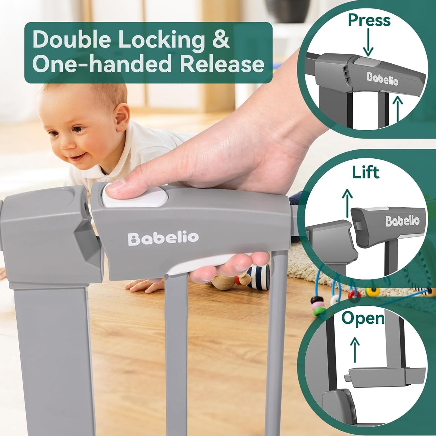 BABELIO 36-Inch Tall Baby Gate, 26-40" Wide Auto-Close Pet Gate, Easy Install and No-Drilling, Pressure Mounted with Wall Protectors and Extension Kits, Gray