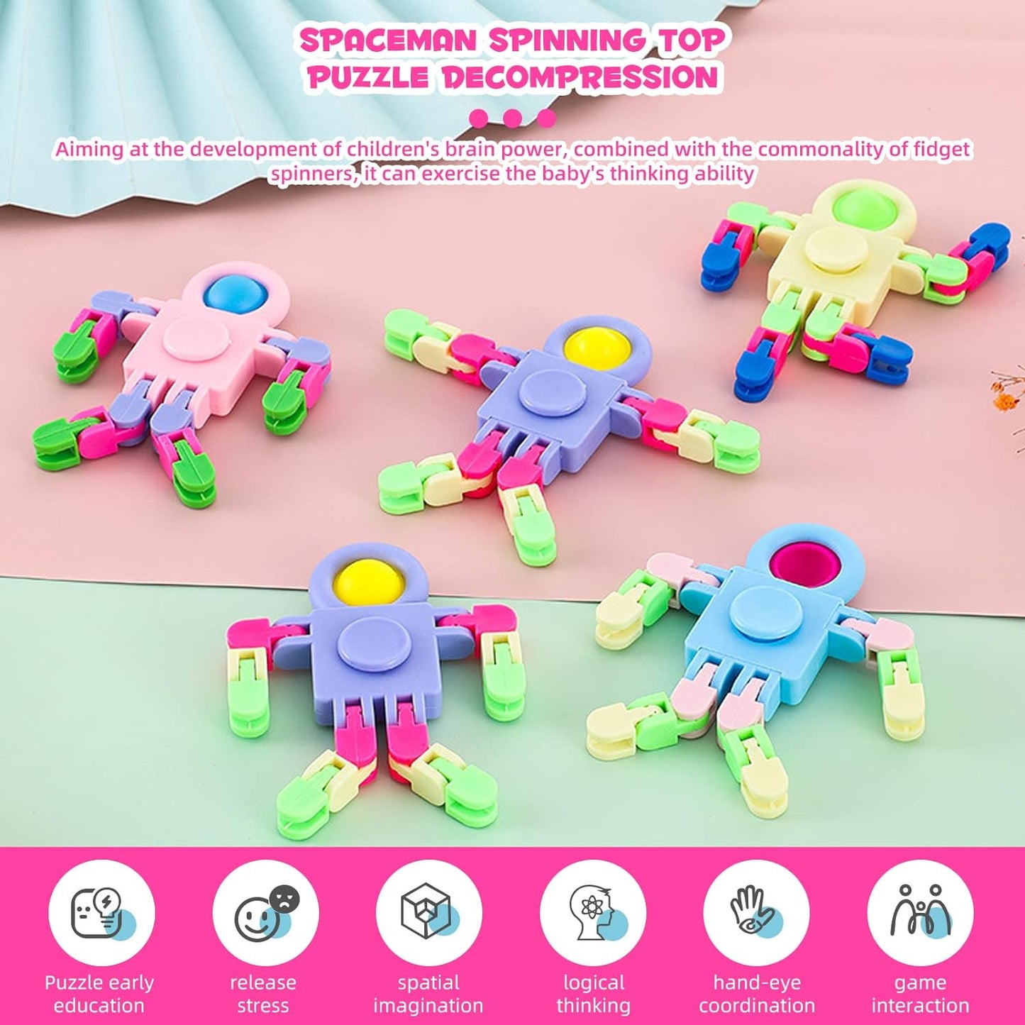 12 Pack Fidget Sensory Spinner Toys， Transformable Chain Robot Fingertip Toy，Pinata Goodie Bag Stuffers Birthday Valentines Day Gifts for Kids,Treasure Box Classroom Prize (A)