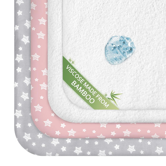 Pack and Play Sheets & Waterproof Terry Pack N Play Mattress Protector Pad Cover 4 Pack, Viscose Terry Pack N Play Sheets Set, Grey & Pink