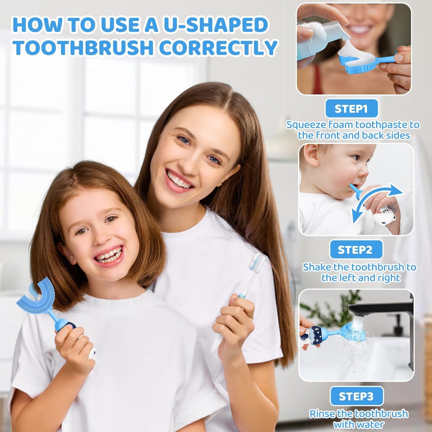 U-Shaped Toothbrush for Kids Ages 2-7， Soft Food-Grade Silicone for Sensitive Gums， 360° Teeth Cleaning Design，Training & Travel-Friendly Toddlers' Toothbrush (Blue)