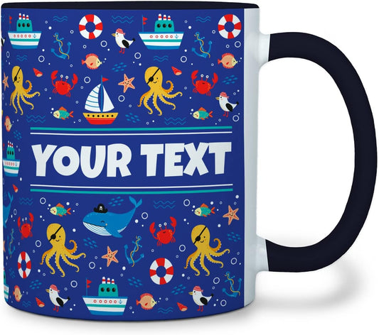 Personalized Mug for Kids - Nautical - Custom Name/Text, Ceramic Hot Chocolate/Cocoa/Coffee Cup for Boys/Girls, Birthday/Christmas/Holiday Gift - 11 oz, Black Handle