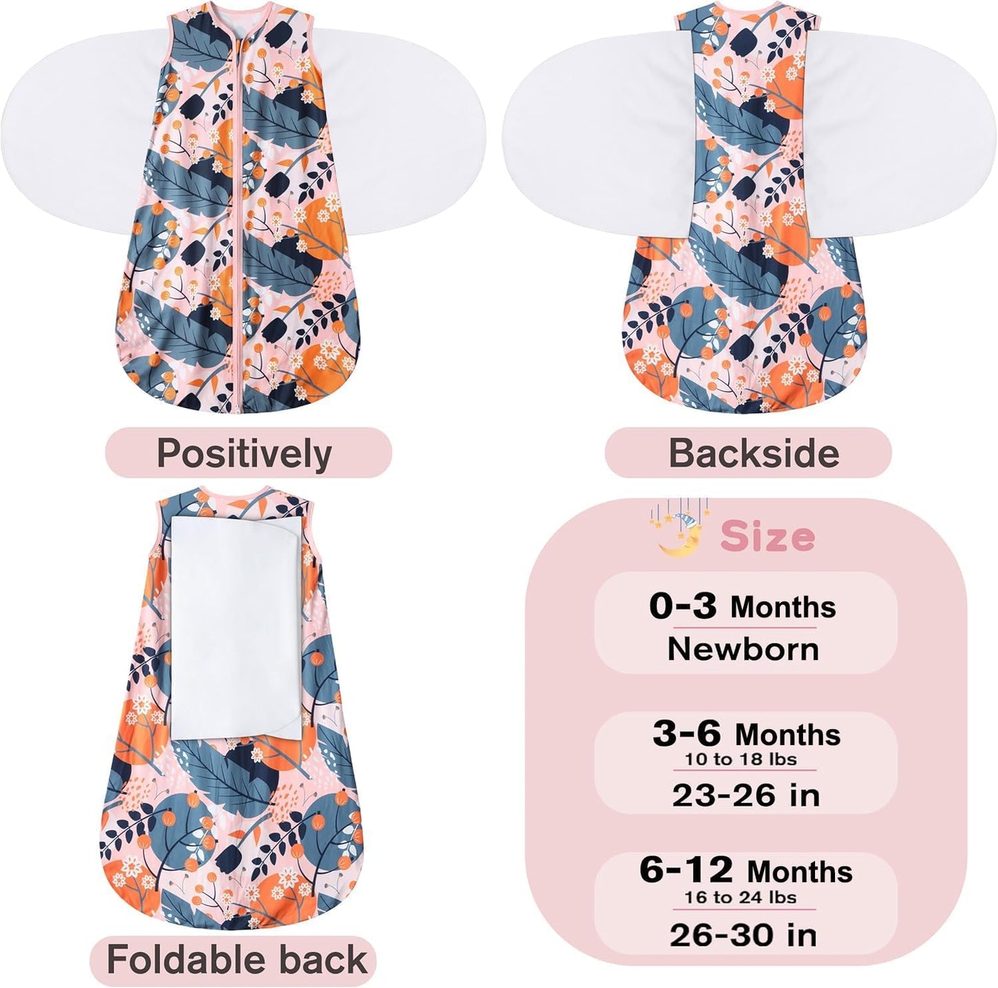 Newborn Sleep Sack Baby Swaddle,3-Way Adjustable Wearable Blanket,100% Rayon Cotton Swaddling Sleeping Bag，TOG 0.5 (Gerbera & Tulips, 0-3 Months)