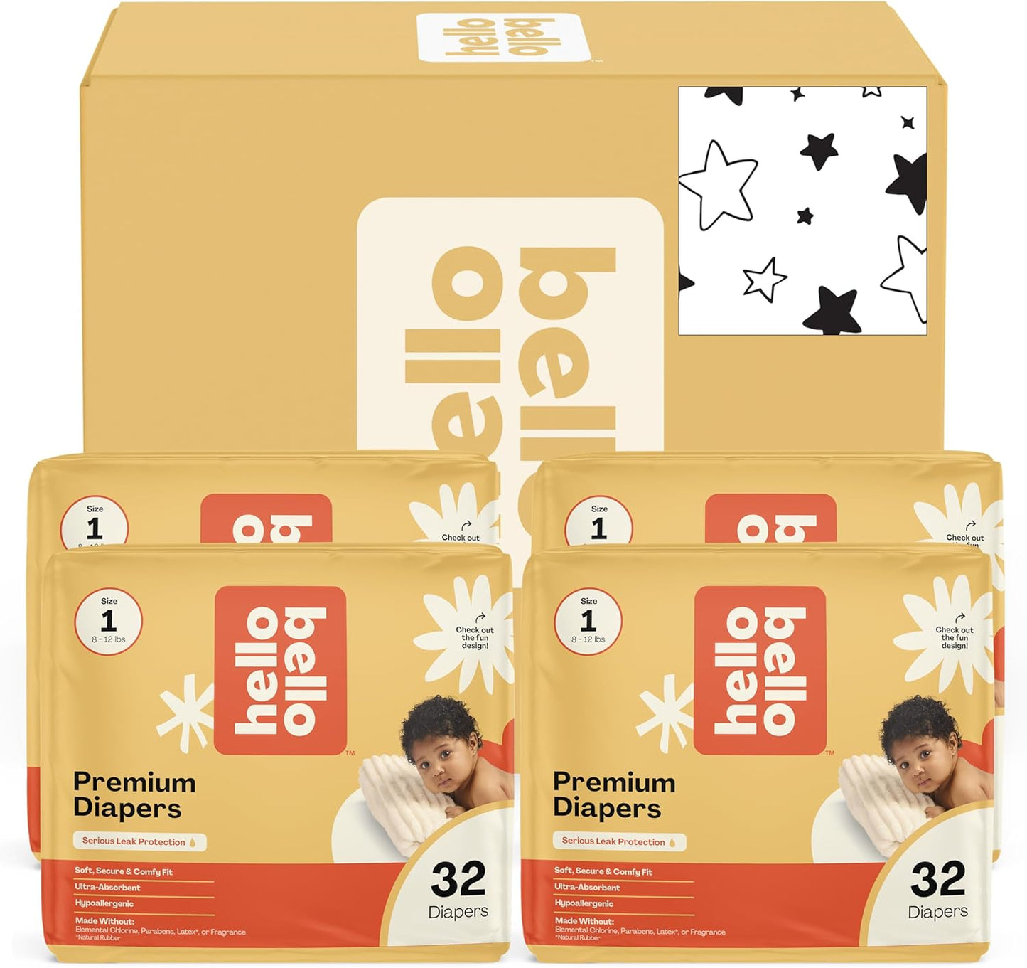 Hello Bello Diapers, Size 1 (8-12 lbs) Superstars - 128 Count Value Pack of Premium Disposable Baby Diapers, Hypoallergenic with Soft, Cloth-Like Feel