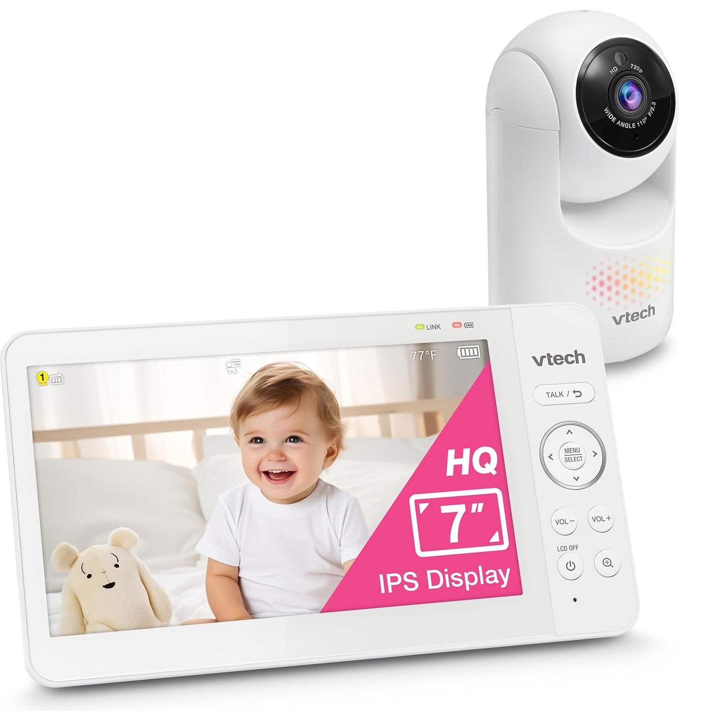 VTech [2025 Upgrade Baby Monitor with 7" IPS Screen, Pan Tilt Zoom Camera, No WiFi Video Baby Monitor with Camera and Audio, Multi-Color Night Light, 2-Way Talk, Lullabies, Advanced HQ Max