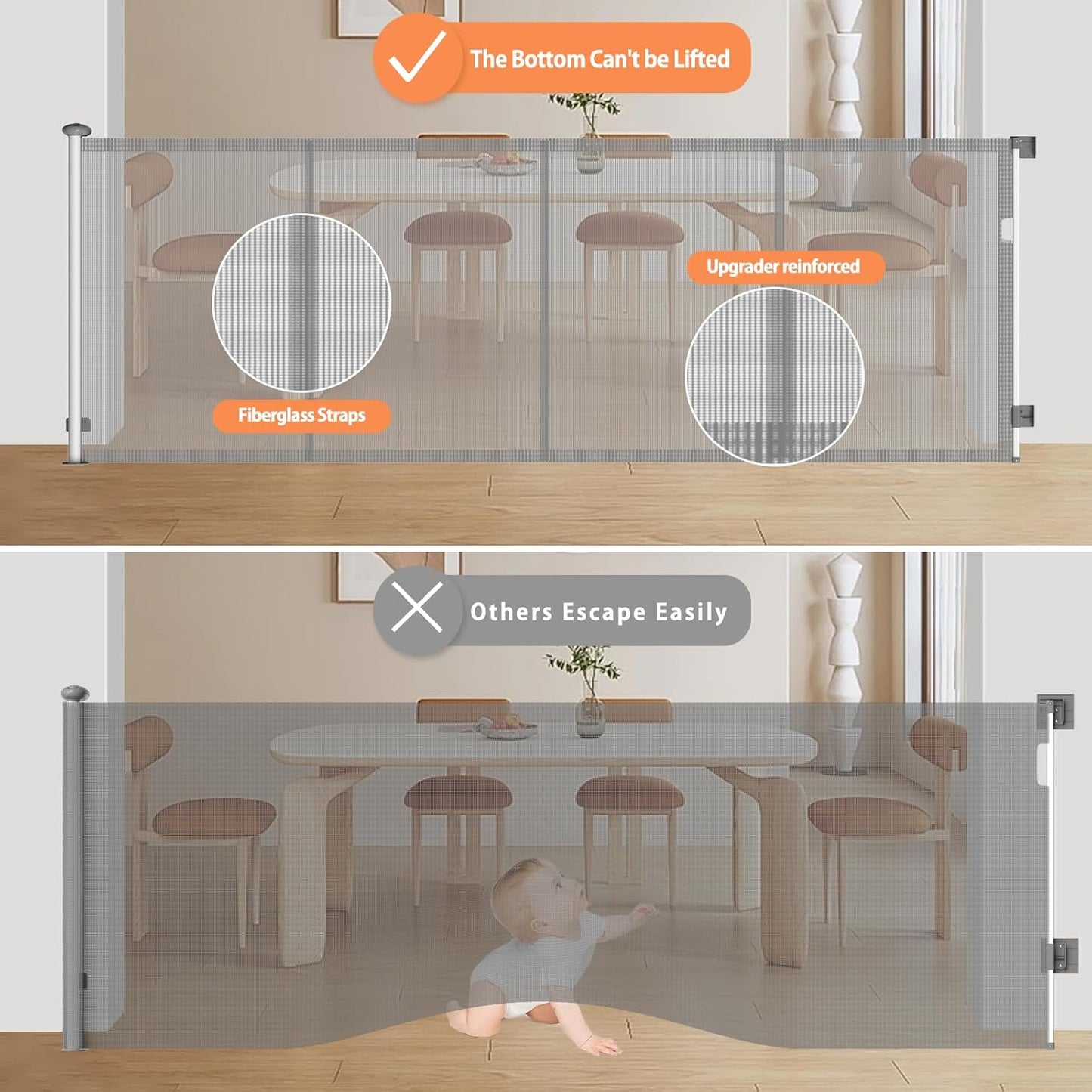 Extra Tall 50'' Reinforced Retractable Mesh Baby Gates with Reinforced Strips,Dog Gate Extends to 55" Wide,Prevents Bottom Drilling Through Baby and Pet,Retractable Pet Gate for Outdoor/Indoor