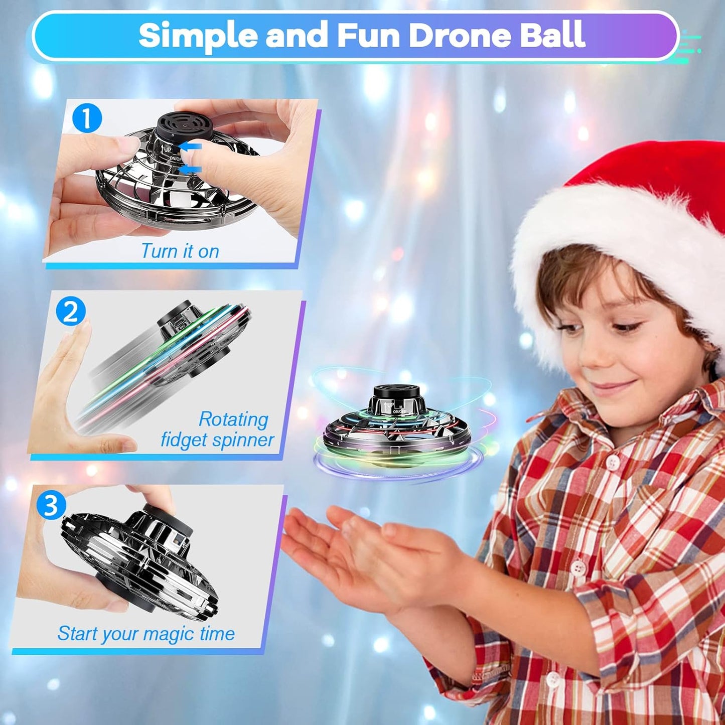 Flying Fidget Spinner,2024 Upgraded Flying Spinner Mini Hand Drone with 360 ° Rotating and LED Lights Outdoor Indoor Toy,Mini UFO Toy Drone for Boys Girls Adults (Black)