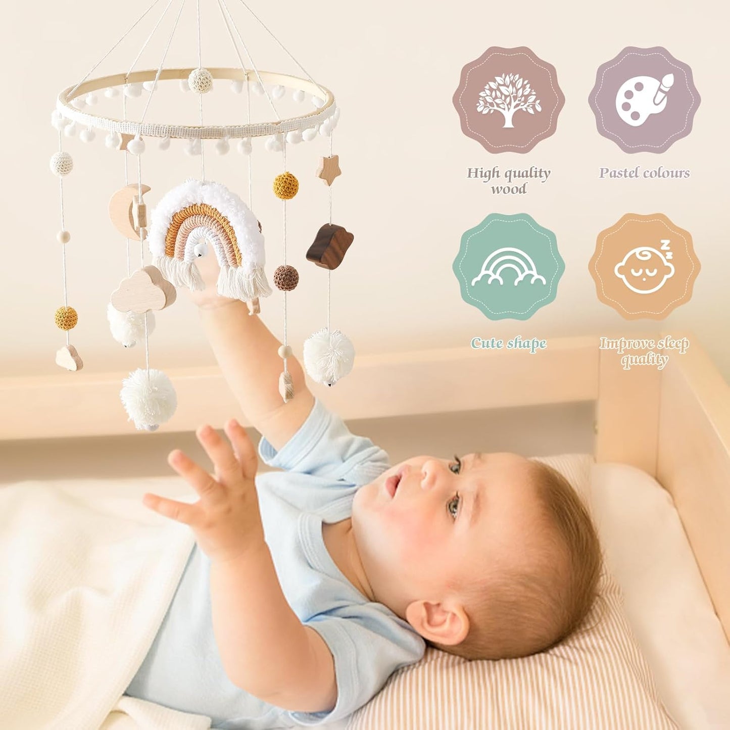 Baby Crib Mobile for Boys Girls Rainbow Nursery Mobile Gender Neutral Hand-Crocheted Mobile Ceiling Mobile - Rainbow, Clouds, Moon