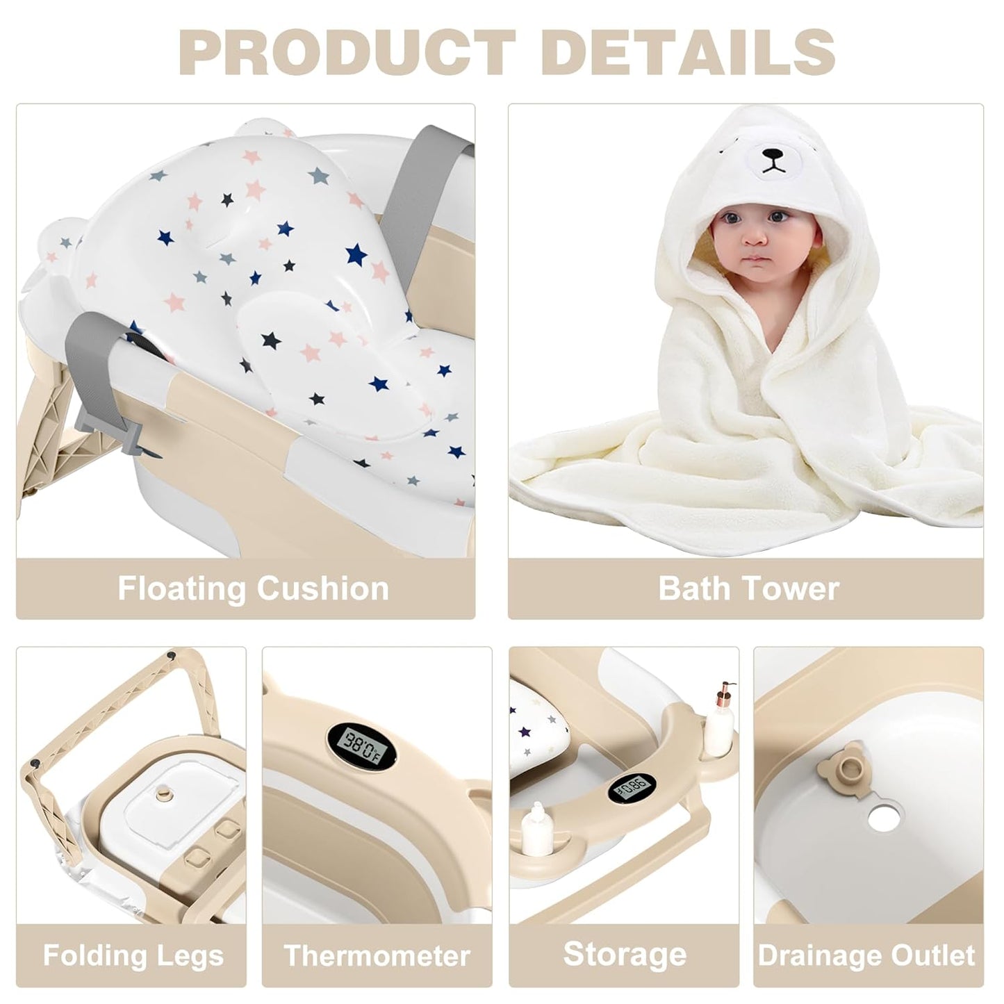 MoreFeel Collapsible Baby Bathtub for Newborn with Thermometer & 1 Hooded Towel & 1 Soft Floating Cushion,Portable Travel Bathtub with Drain Hole, Durable Foldable Baby Tubs for Infants to Toddler