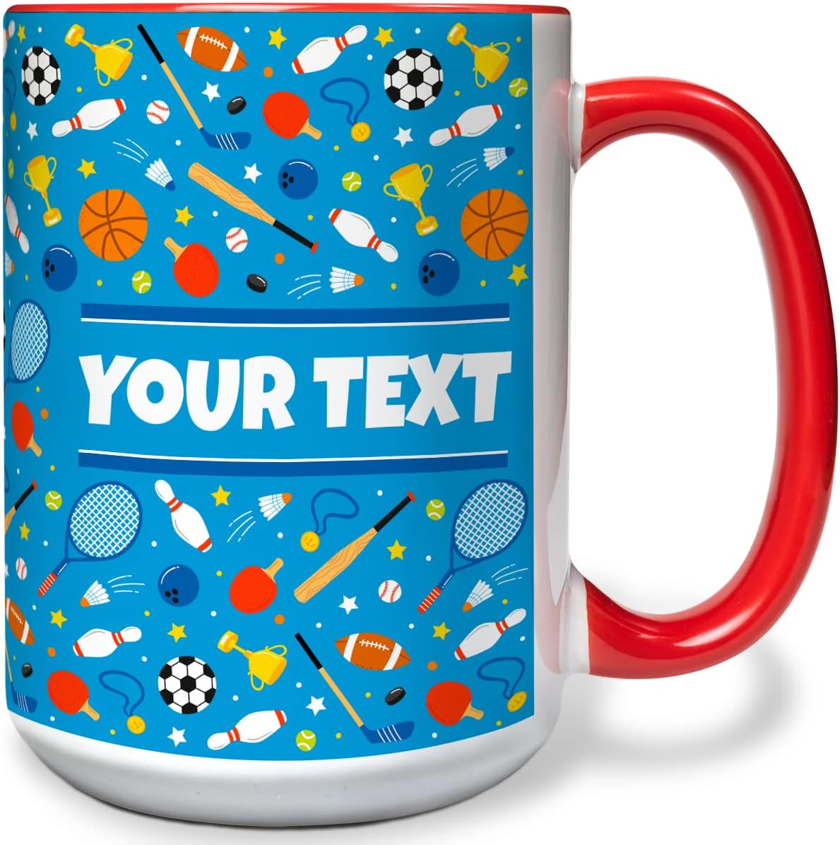 Personalized Mug for Kids - Sports - Custom Name/Text, Ceramic Hot Chocolate/Cocoa/Coffee Cup for Boys/Girls, Birthday/Christmas/Holiday Gift - 15 oz, Red Handle