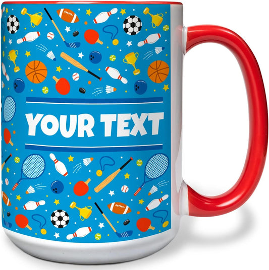 Personalized Mug for Kids - Sports - Custom Name/Text, Ceramic Hot Chocolate/Cocoa/Coffee Cup for Boys/Girls, Birthday/Christmas/Holiday Gift - 15 oz, Red Handle