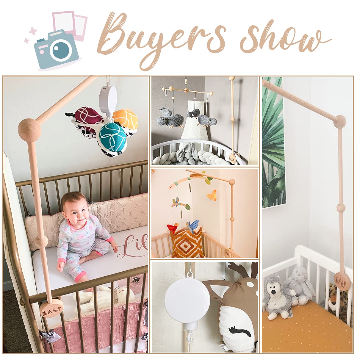 Baby Crib Mobile Arm Wooden Holder 30 inch Beech Hangers with Rotating Music Box Nursery Decor Attachment Safe Anti Slip Set