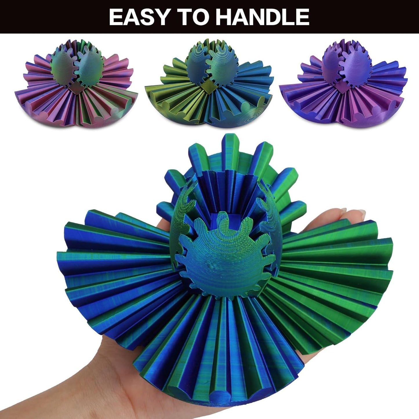 4-inch Larger 3D Printed Gear Ball - Marvellous Design Gear Sphere, Already Assembled 360° Rotatable Gearsphere, Steampunk Whirling Wonder Fidget for Stress and Anxiety Relief (Blue Gold)