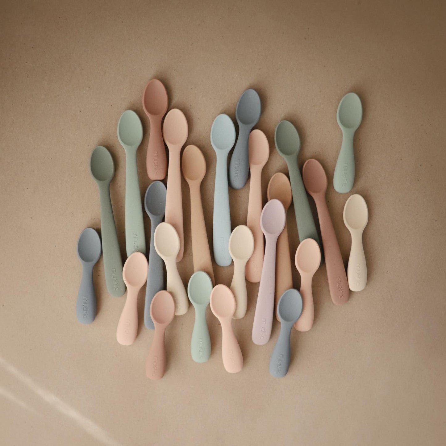 mushie Silicone Toddler Starter Spoons | 2 Pack (Cambridge Blue/Shifting Sand)