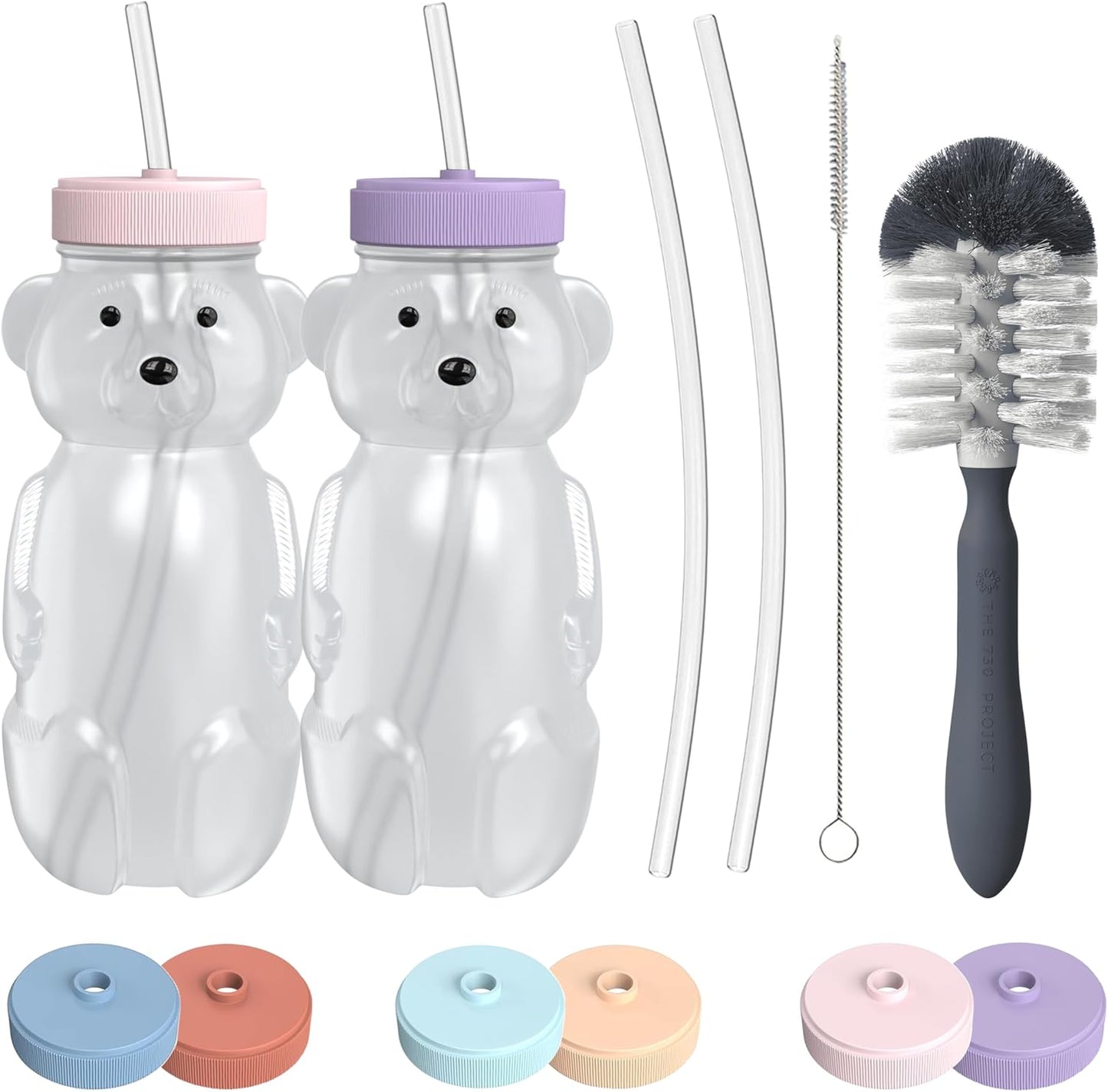 Honey Bear Straw Cup for Babies, 8oz Honey BearCup with Bottle Brush, 2-Pack Improved Lid Therapy Learning Honeybear Straw Cup for Baby, Cherry Blossom & Unicorn