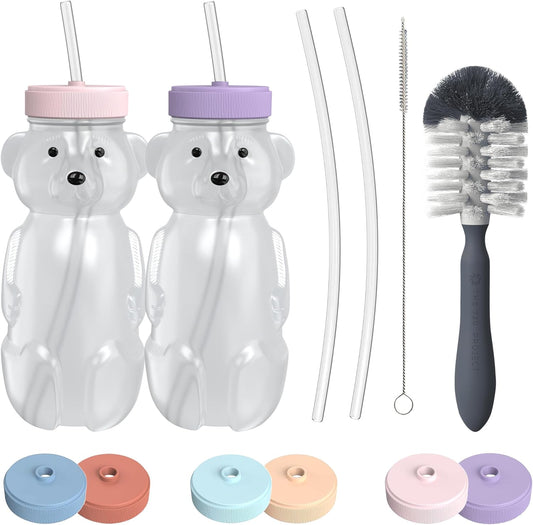 Honey Bear Straw Cup for Babies, 8oz Honey BearCup with Bottle Brush, 2-Pack Improved Lid Therapy Learning Honeybear Straw Cup for Baby, Cherry Blossom & Unicorn