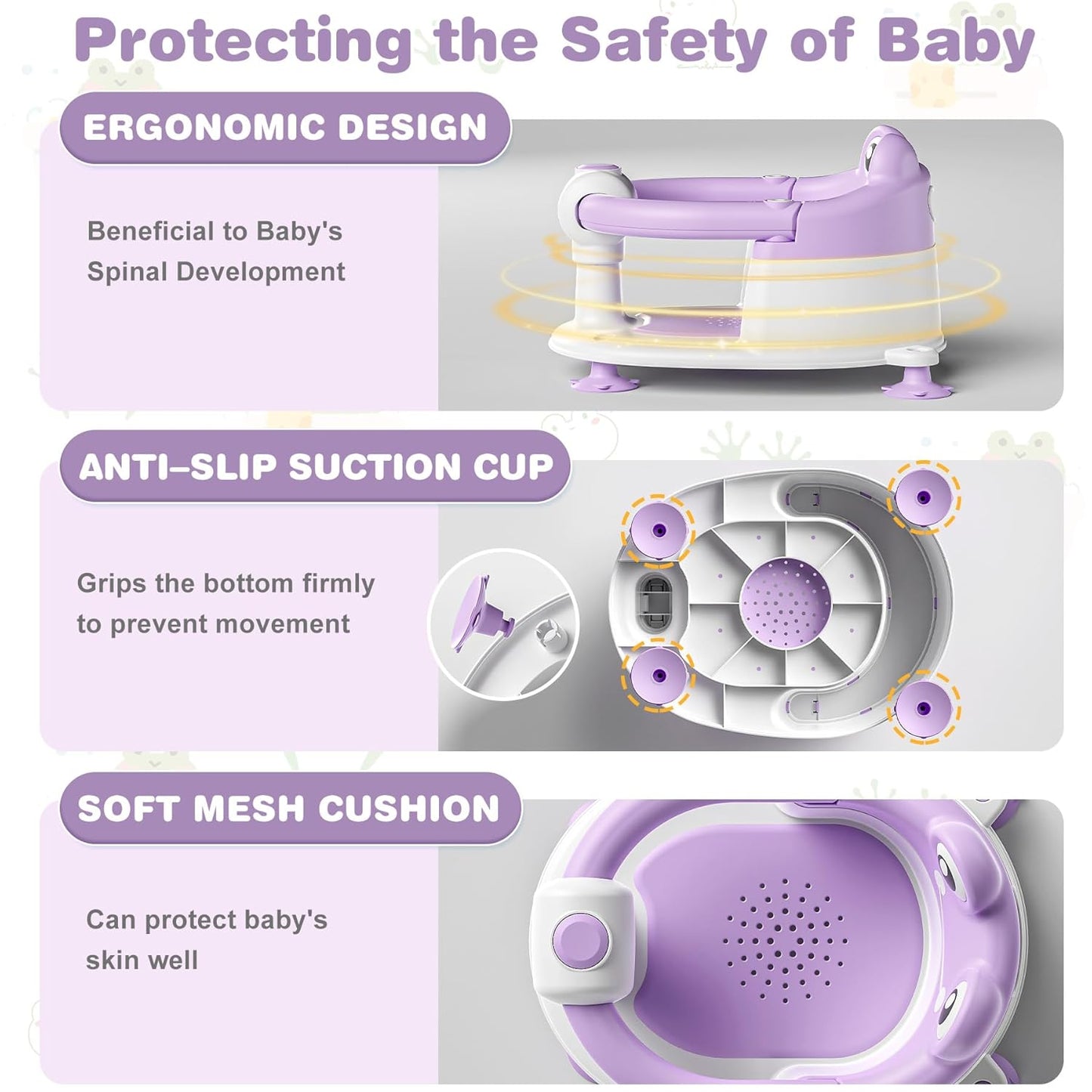 Baby Bath Seat for Babies 6 Months & up Non-Slip Toddler Bath Seats for Sitting Up Infant Bathtub Chair with Suction Cups and Soft Cushion for Baby Shower Tub Seat