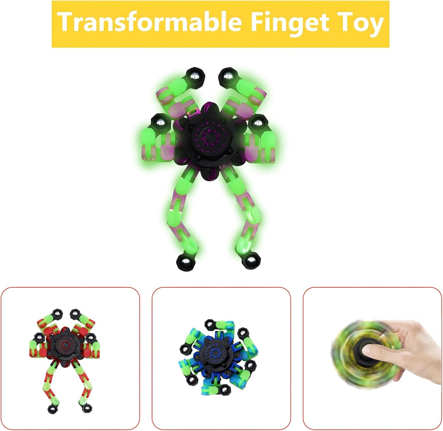 Fidget Spinners, DIY Transformable Chain Robot Finger Spinner, Glow in The Dark Deformable Creative Mechanical Gyro Toy Stress Relief Toy Fidget Fingertip Toy for Kids and Adults (4 Pack)