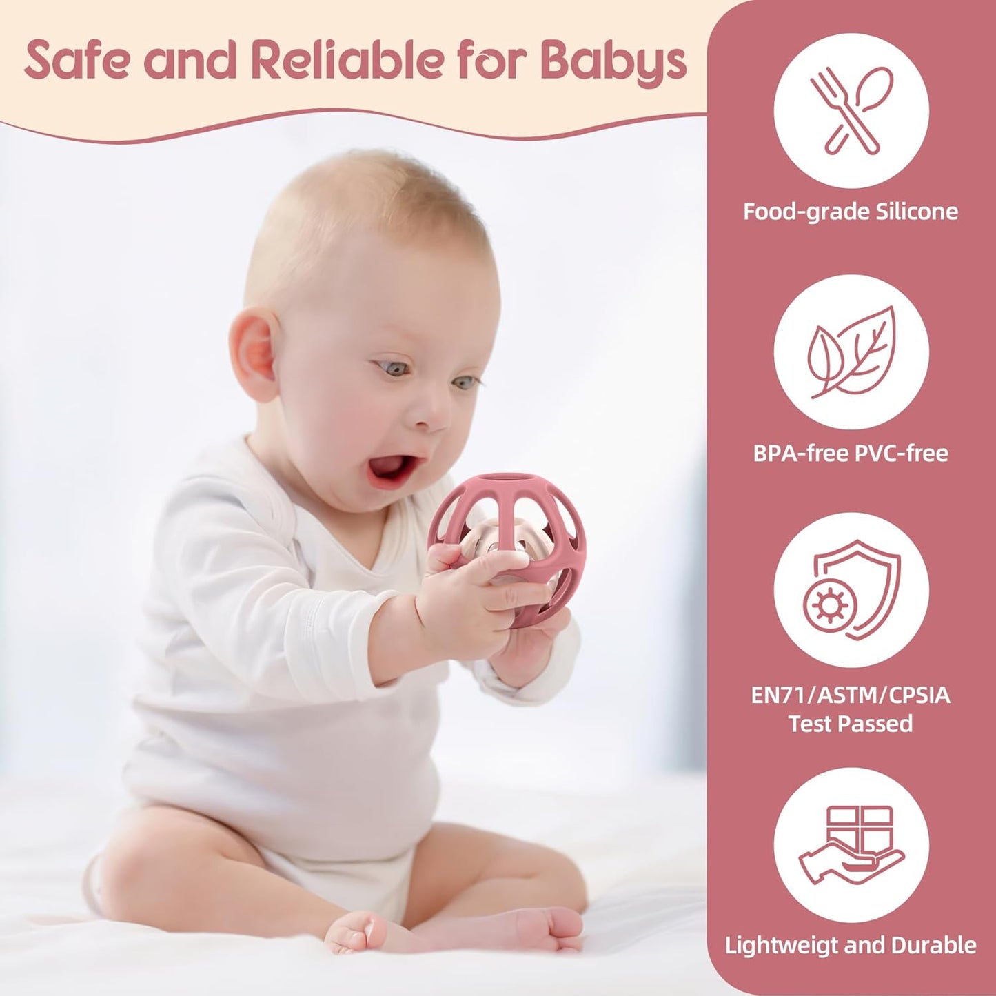 MCGMITT Baby Rattle Teether Toy, Easy Grasp Silicone Sensory Balls, Food Grade Stretchy Infant Toy Baby Ball, Montessori Teething Toy Gift for Infant Boys and Girls 0-6-12 Months