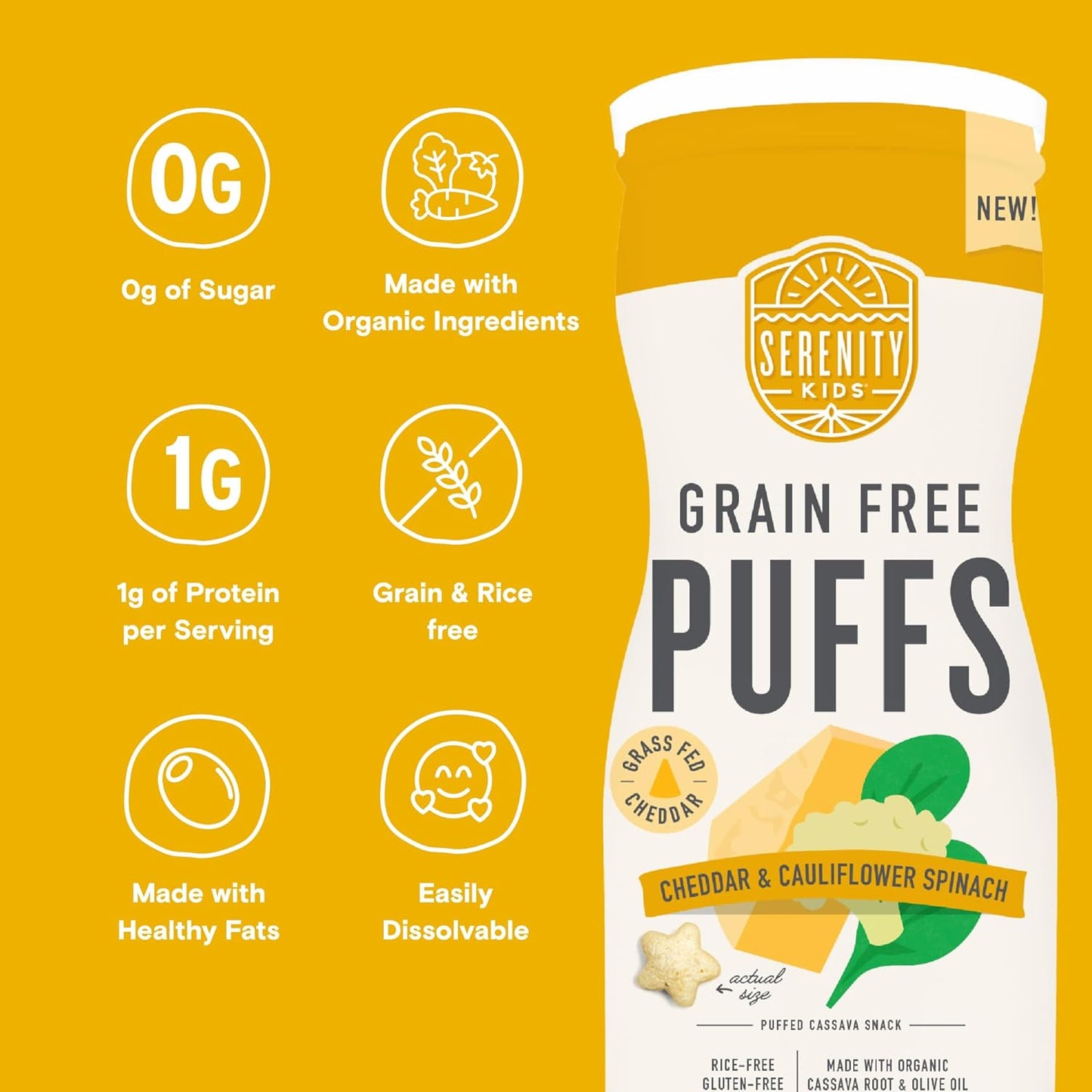 Serenity Kids 6+ Month Baby Food Puffs - White Cheddar & Cauliflower - Grain-Free, Gluten-Free & Allergen-Free - Organic Puffs for Baby - Cassava, Veggies & Herbs - 1.5 Oz, 6-Pack