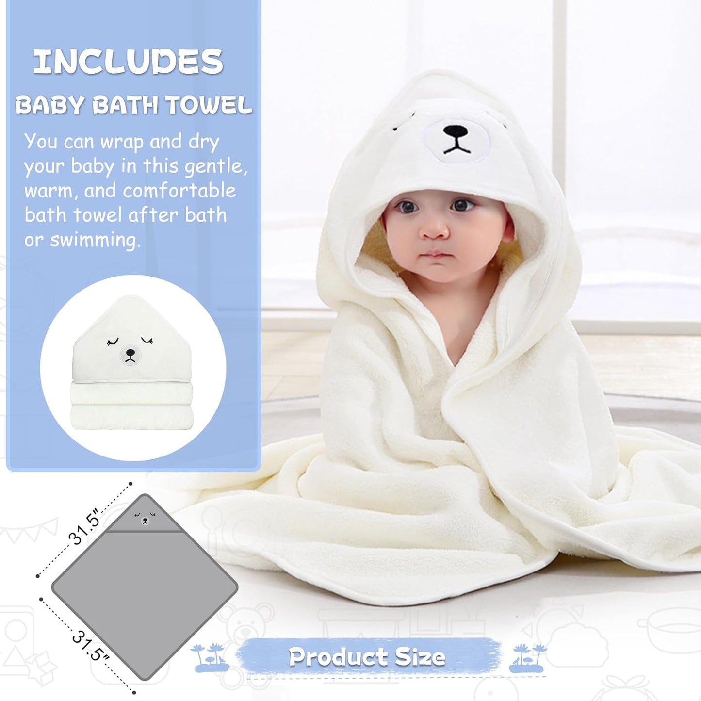 MoreFeel Collapsible Baby Bathtub for Newborn with Thermometer & 1 Hooded Towel & 1 Soft Floating Cushion,Portable Travel Bathtub with Drain Hole, Durable Foldable Baby Tubs for Infants to Toddler