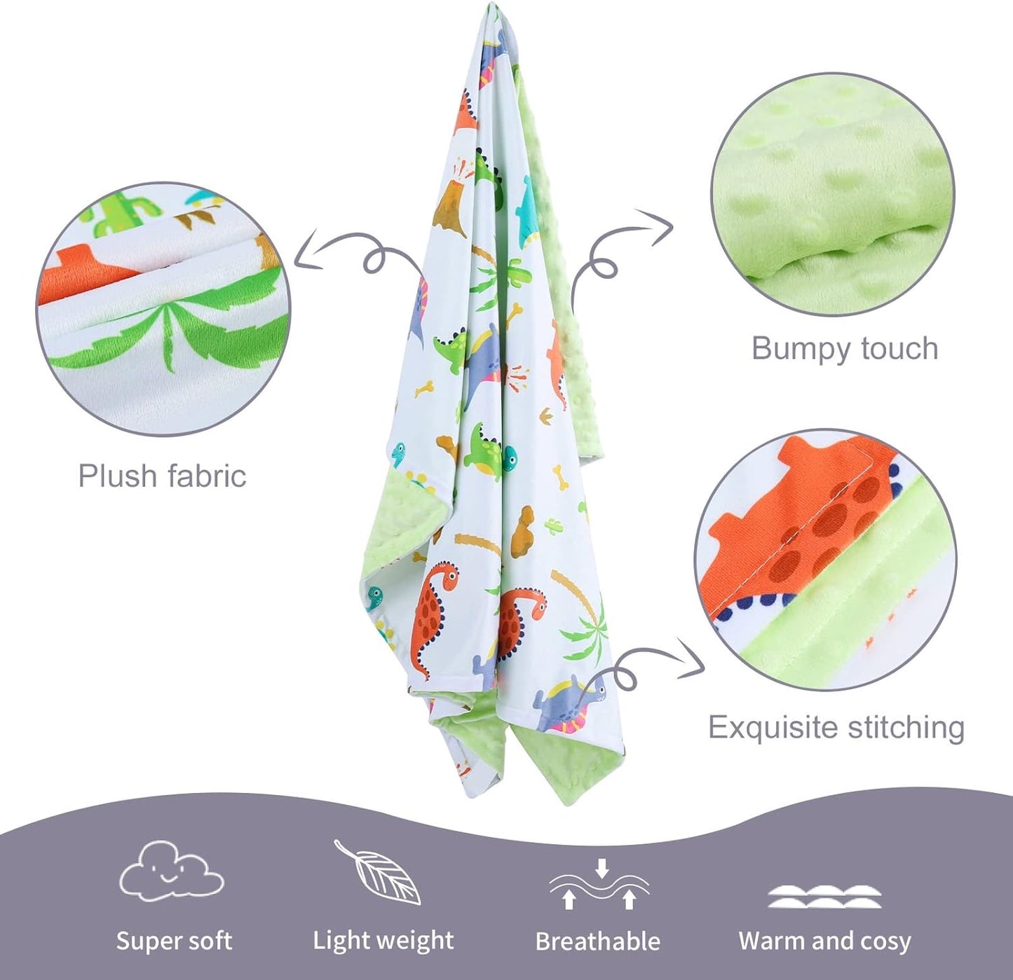 Baby Blanket for Boys Girls Soft Minky with Double Layer Dotted Backing, Dinosaur Printed 30 x 40 Inch Receiving Blanket