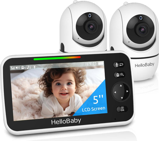 HelloBaby Upgrade 5’’ Baby Monitor with 30-Hour Battery, 2 Cameras Pan-Tilt-Zoom, 1000ft Range Video Audio Baby Monitor No WiFi, VOX, Night Vision, 2-Way Talk, 8 Lullabies and Temperature