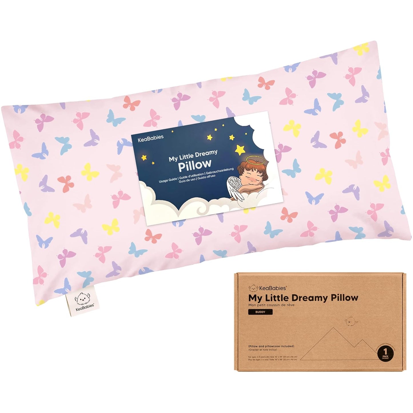 Toddler Pillow with Pillowcase - 10x18 My Little Dreamy Kids Travel Bed Pillows for Sleeping, Organic Cotton Small Pillowcase, Soft & Breathable, Machine Washable, Toddlers 2-5 Years Old (Flutter)