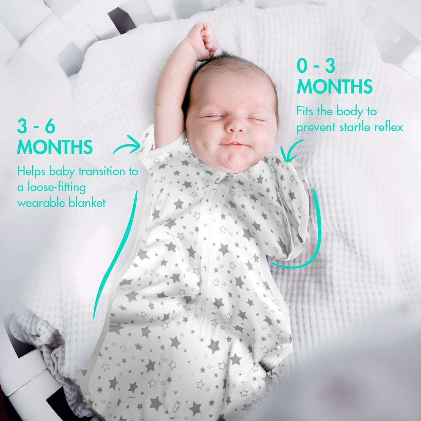 Baby Swaddle 3-6 Months - Arms Up Transitional Swaddles, Transition Swaddle Sack with Removable Cuffs & 2-Way Zipper, Gray Stars Design, Breathable Cotton Newborn Sleep Sacks