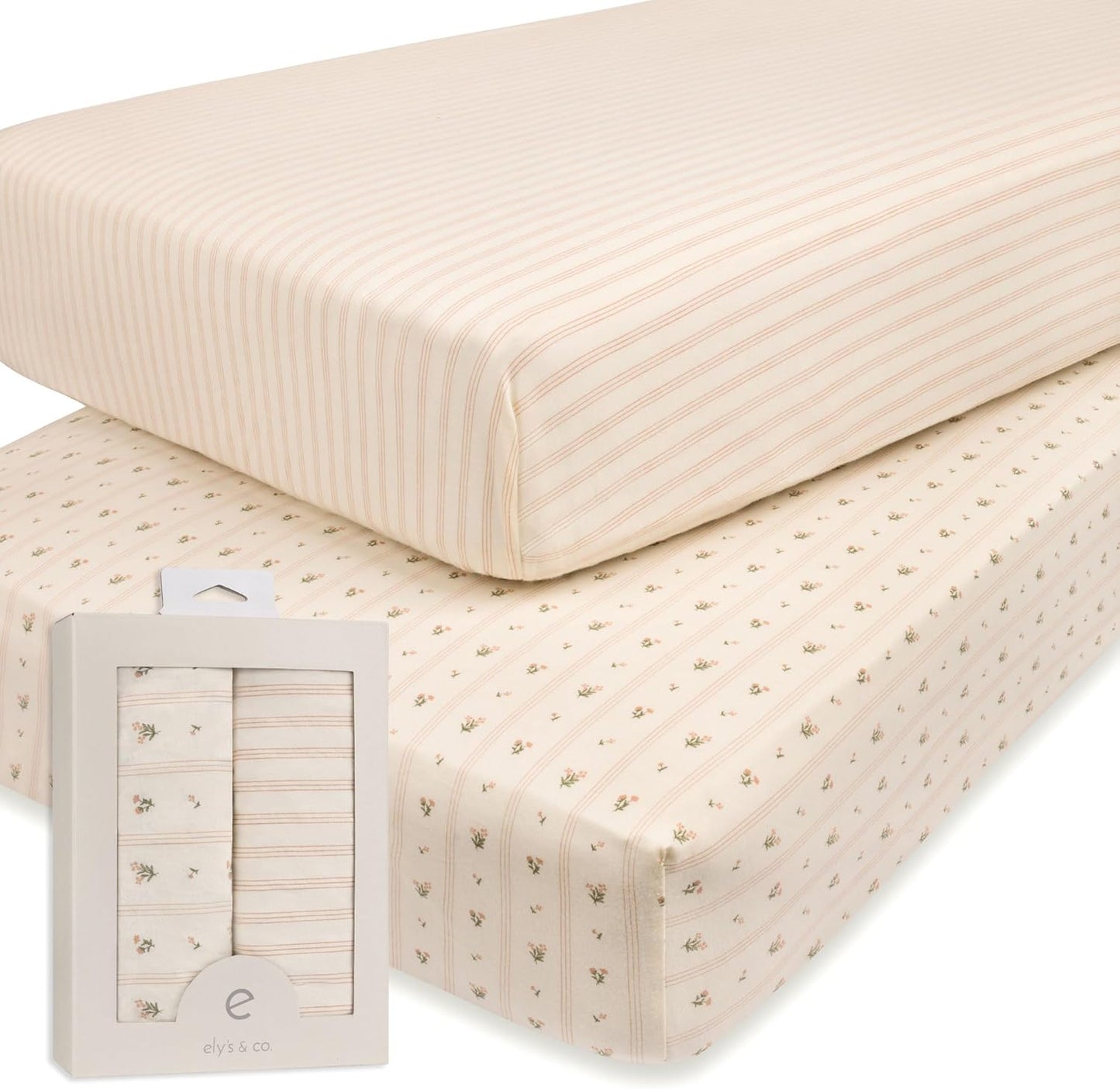 Ely's & Co. Crib Sheets, Baby Girl Fitted Crib Mattress Sheet Set, 2 Pack, 100% Jersey Knit Cotton, Infant and Toddler Nursery Bedding, 28” x 52” Pink Linear Floral Collection