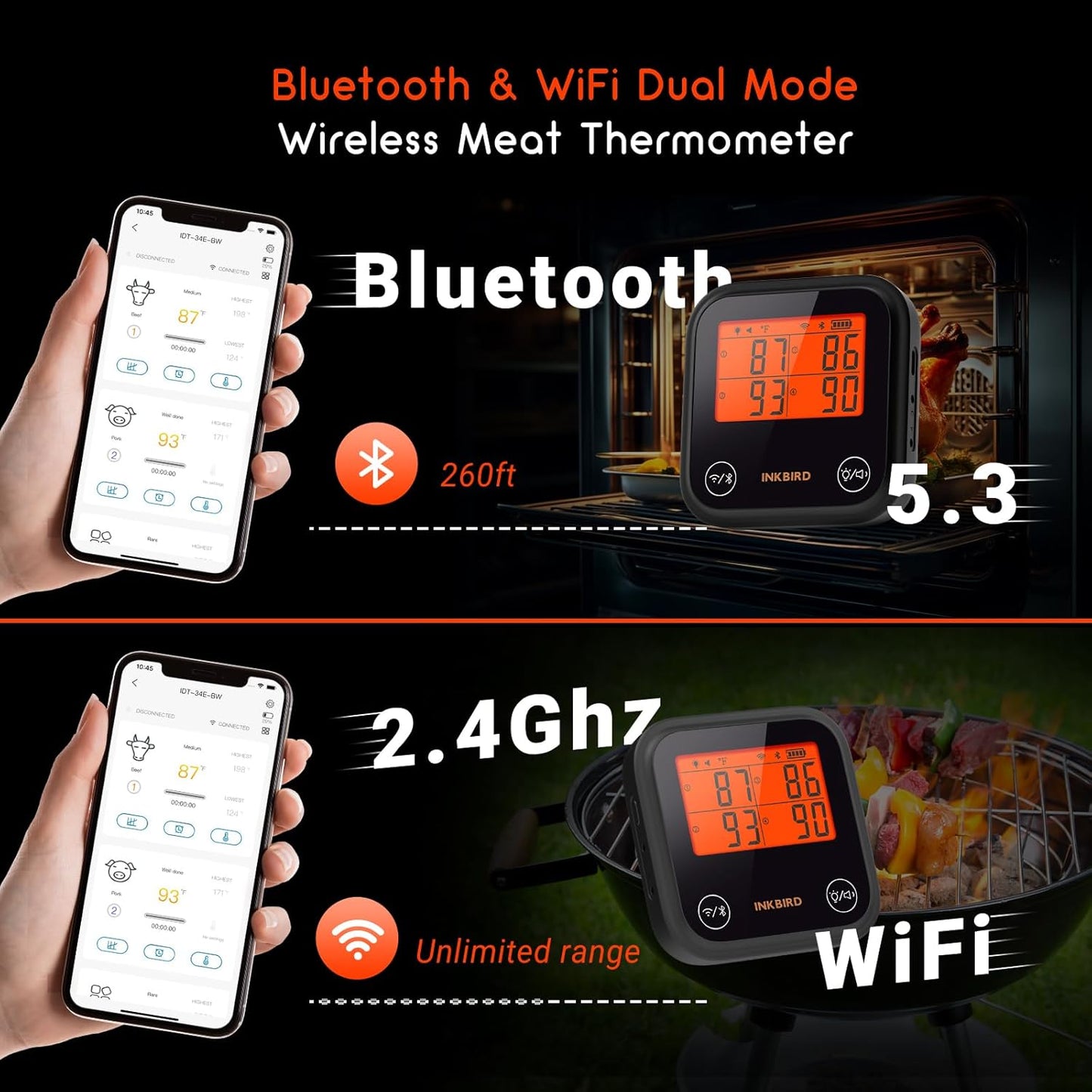 INKBIRD Dual Mode WiFi Wireless Meat Thermometer, 4 Probes with Clear LCD for Smoking, Bluetooth Meat Thermometer with Smart APP Control for Oven, Cooking