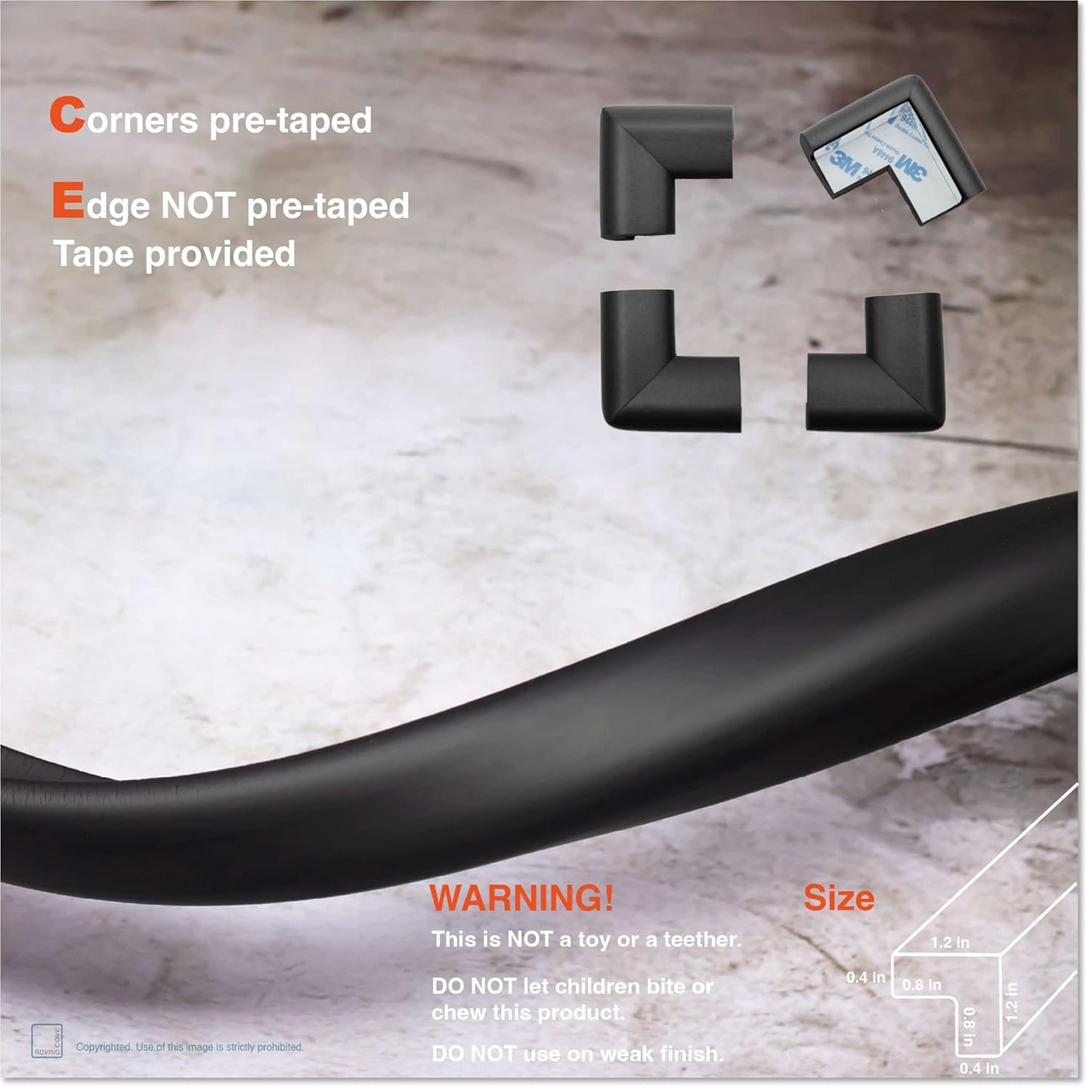 Roving Cove HeftyFit Edge Corner Protector Baby Proofing (Large 15ft Edge 4 Corners), Heavy-Duty, Soft NBR Rubber Foam, Furniture Fireplace Safety Bumper Guard, 3M Adhesive, Onyx Black