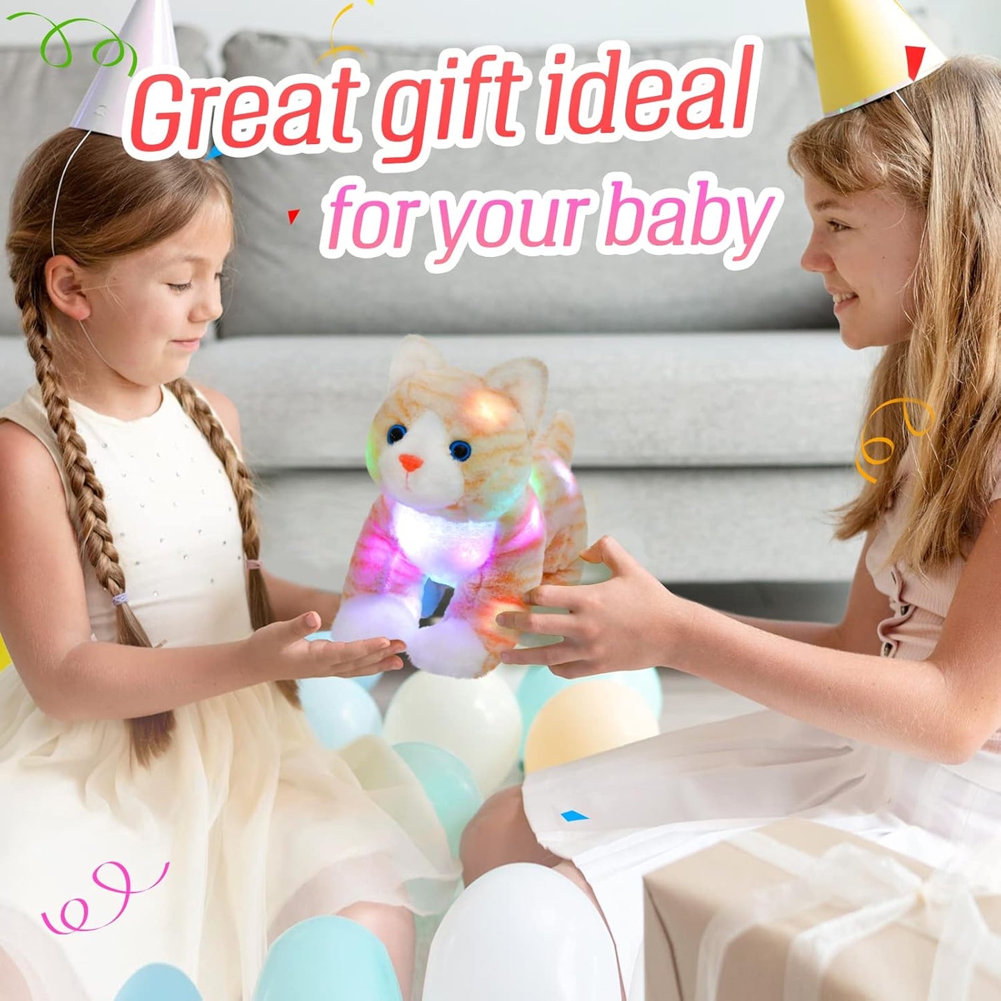 Glow Guards 14'' Light up Kitty Stuffed Animal Soft Realistic Cat Plush Toy with LED Night Lights Glow Birthday Children's Day Gifts for Toddler Kids