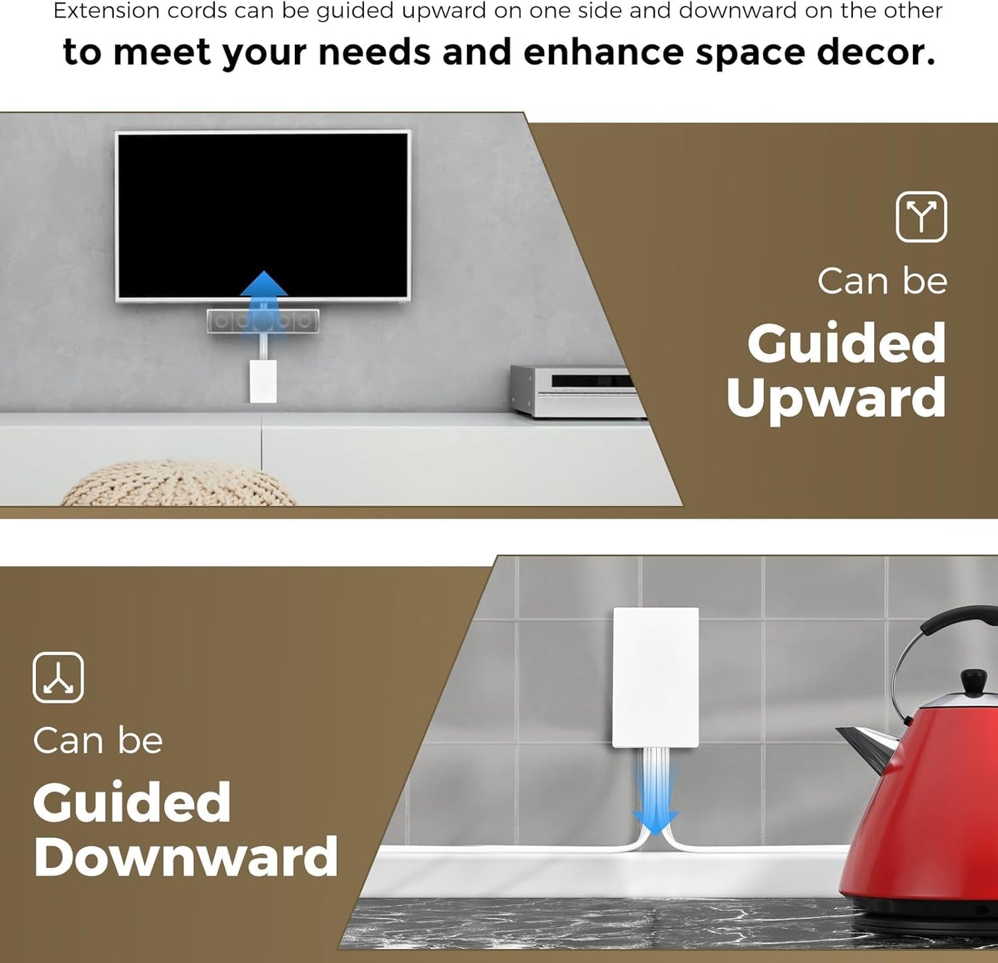 Outlet Concealer Power Strip-Outlet Cover Extender with 3AC Outlets-8ft Flat Plug Extension Cord,Universal Size,1625W for Kitchen, Home and Office,Child & Pet Safe(Dual 8 Foot)