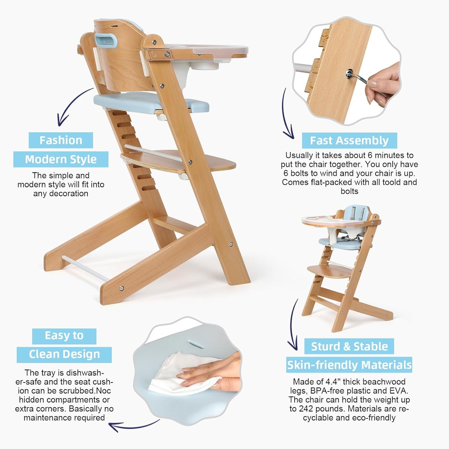 Cowiewie Natural Wooden High Chair for Babies & Toddlers 3-Tier Remove & Adjustable Tray, 8 Adjustable Highchair with Cushions, Portable (Blue)