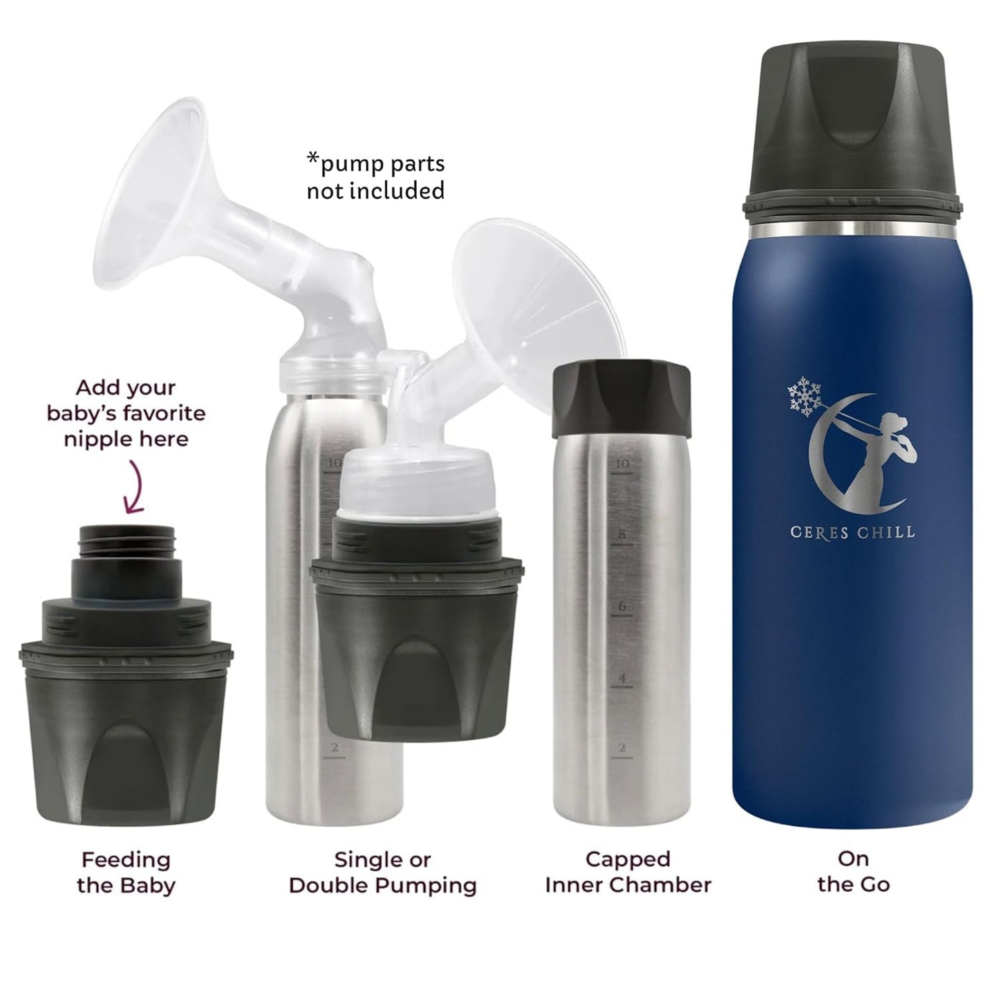 CERES CHILL OG Breastmilk Chiller, Reusable Storage Container, Up to 34 oz. - Bottle Cooler Keeps Milk at Safe Temperatures for Up to 20 Hours, Connects w/Most Pumps (Navy Blue)