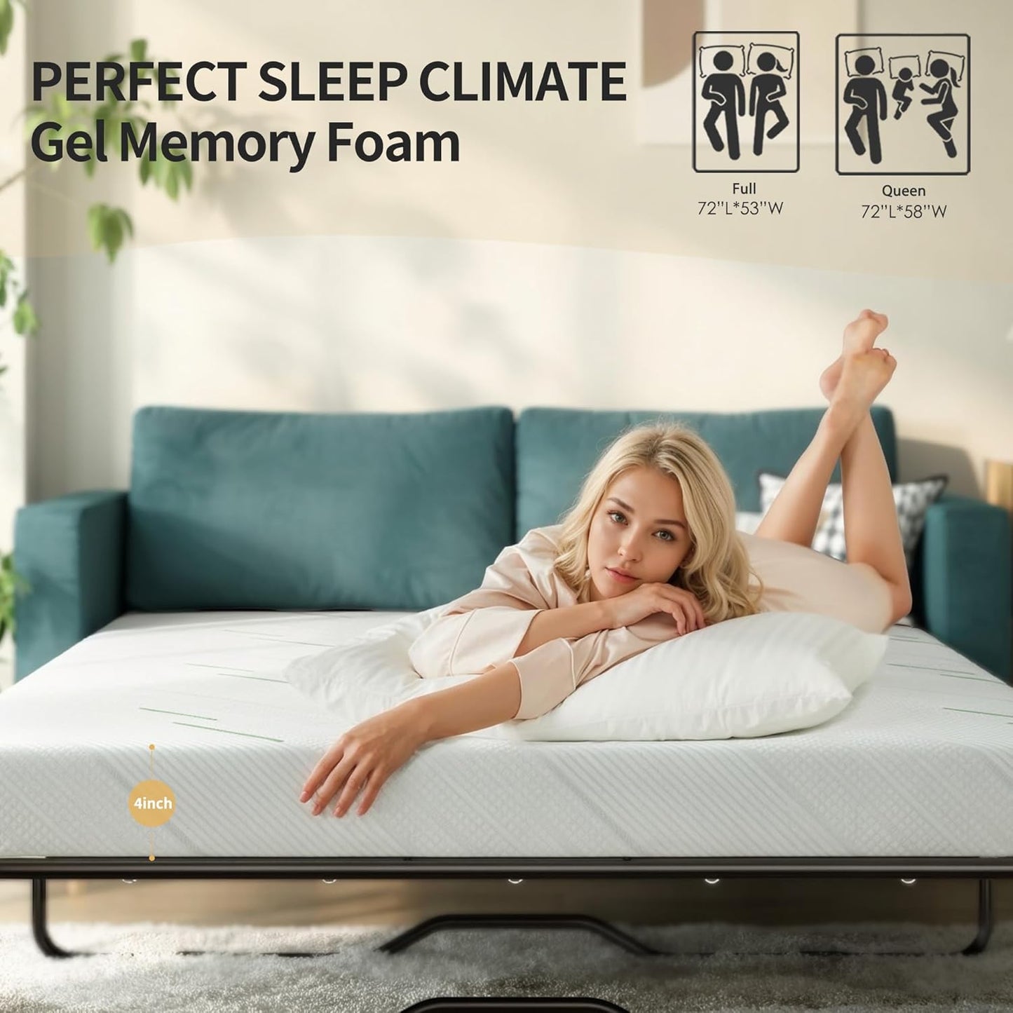 4 Inch Gel Memory Foam Sofa Mattress Cushion Queen Size - Breathable Washable Cover, Ergonomic Lumbar Support, Slip-Resistant Base for Couch, Chair