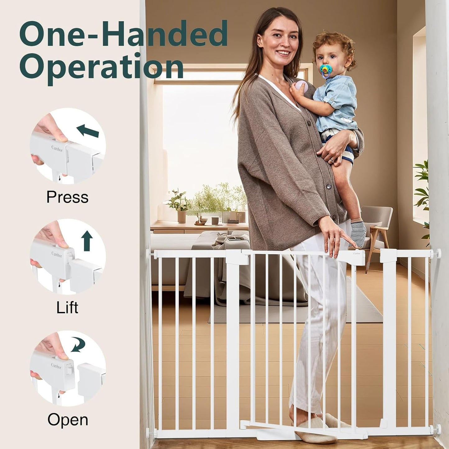 Cumbor 2 Pack 29.7"-48" Baby Gate for Stairs, Mom's Choice Awards Winner-Dog Gate for Doorways, Pressure Mounted Auto-Close Pet Gates for Dogs Indoor, Safety Child Gate with Easy Walk Thru Door,White