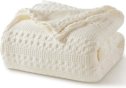PHF 100% Cotton Waffle Weave Blanket Queen Size, Soft Lightweight Breathable Cozy Summer Blankets for Bed, Luxury Aesthetic Woven Bedding for Home Decor, 90"x90", Ivory