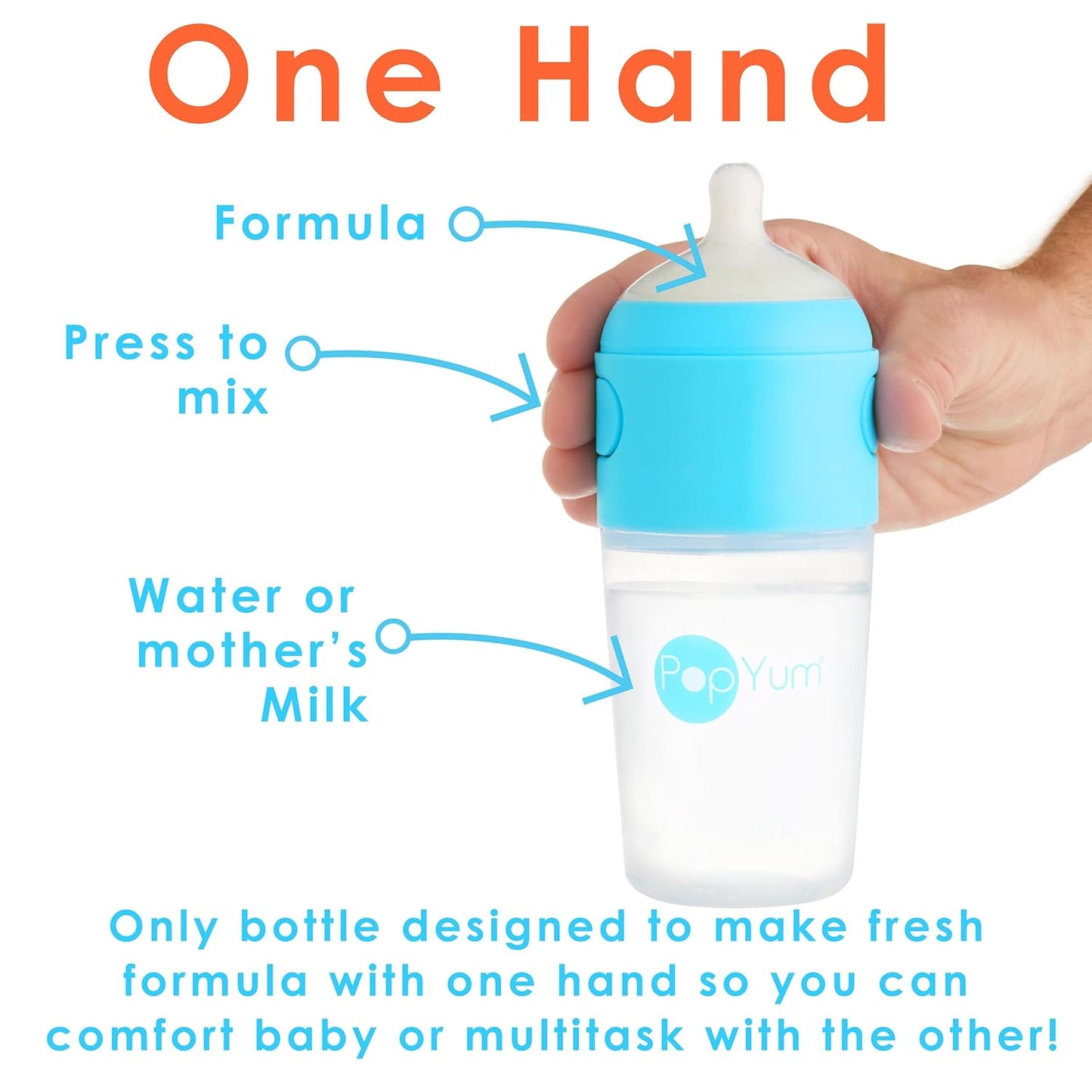 PopYum 9 oz Blue Anti-Colic Formula Making/Mixing/Dispenser Baby Bottles, 2-Pack with #2 Medium Flow Nipples, 260 ml, BPA-Free, Natural Latch