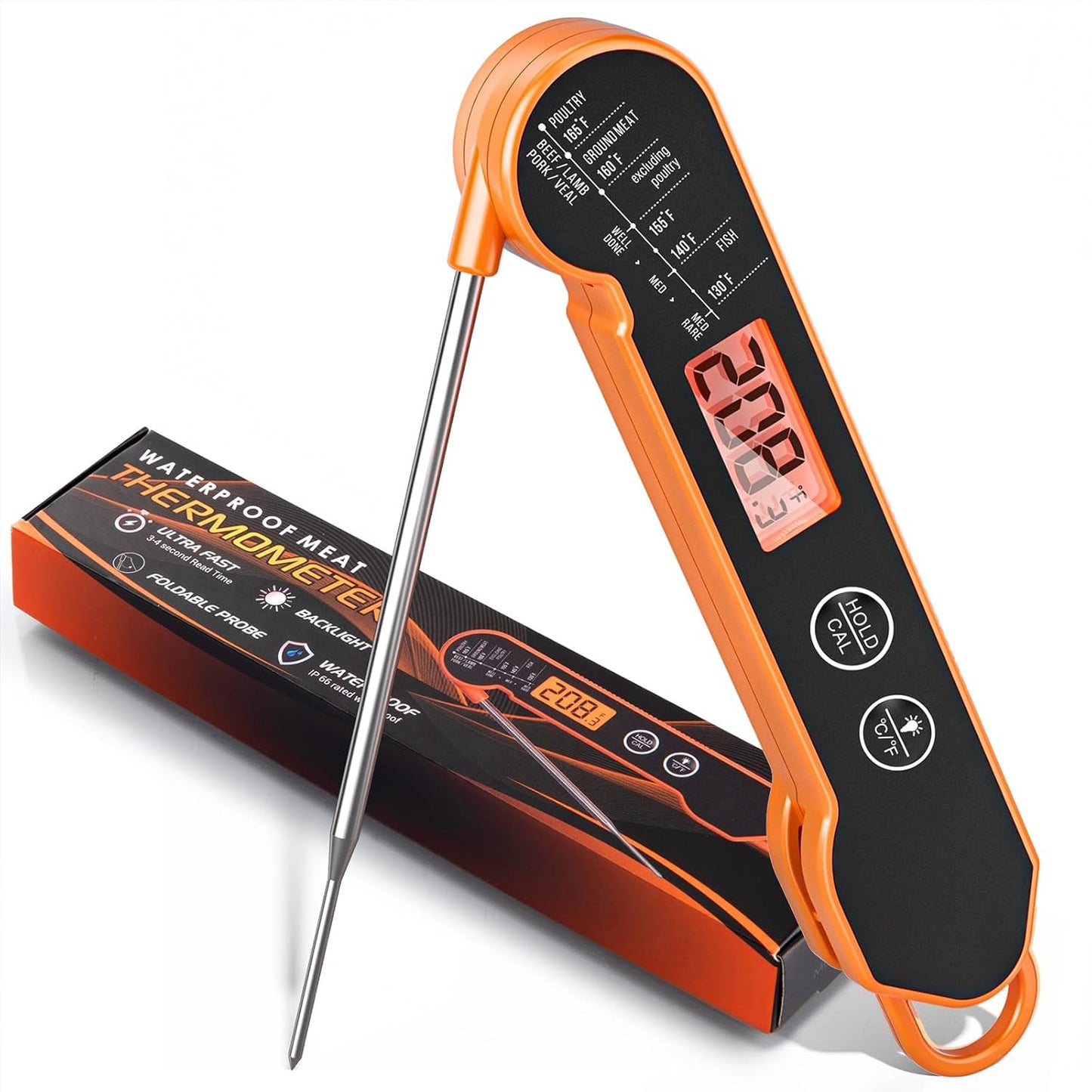 Meat Thermometer Digital with Backlight, Calibration & Hold Function, IP65 Waterproof Food Thermometer for Cooking, Outdoor Grilling, Candy Making