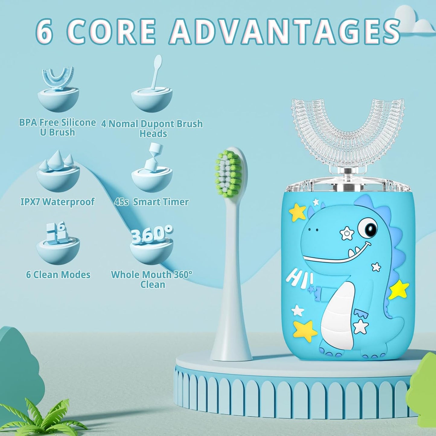 Kids Electric U Shaped Toothbrush,Kids Sonic Full Mouth Toothbrush with 4 Soft Brush Head Automatic Rechargeable 6 Cleaning Modes IPX7 Waterproof 360 Degree Cleaning - Age2-7 Blue