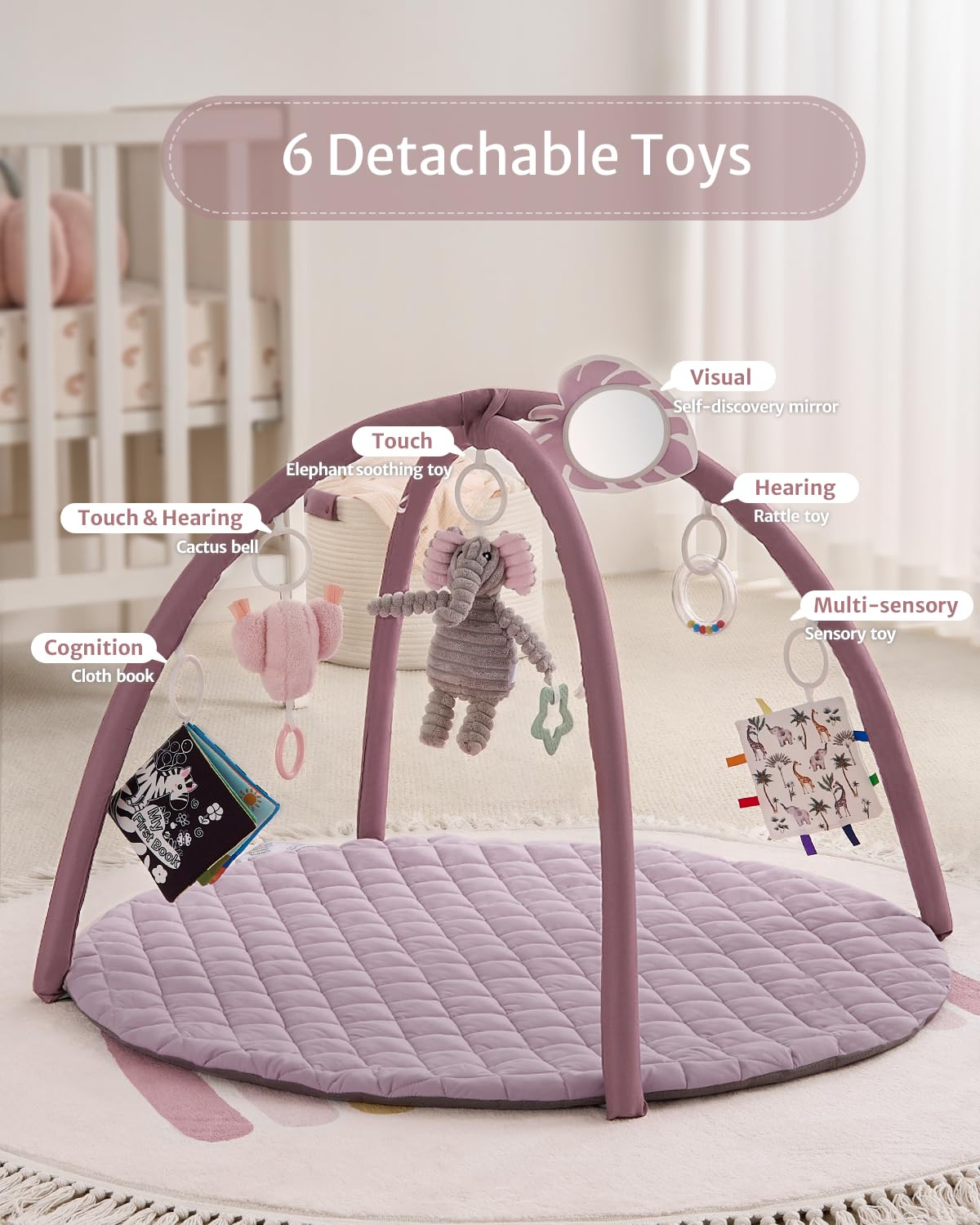 Blissful Diary Baby Play Gym Mat, Tummy Time Activity Mat with 6 Detachable Toys for Stage-Based Sensory & Motor Skill Development, Easy to Install & Clean, Baby Essentials Gift, Lavender Pink
