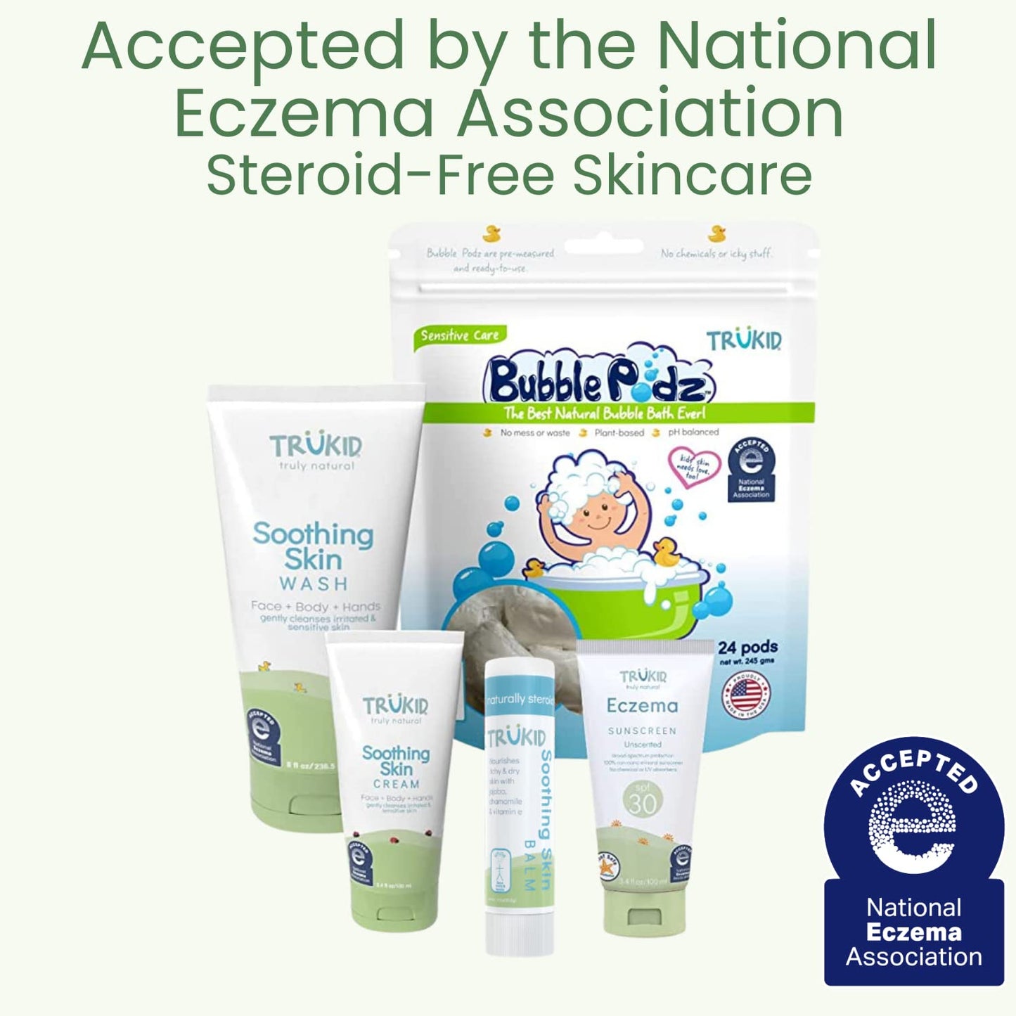 TruKid Natural Eczema Cream for Kids, Toddlers & Babies, NEA-Accepted for Eczema, Safe for Sensitive Skin on Face, Body, & Hands, Unscented, Hydrates & Moisturizes Irritated & Itchy Skin, 3.4oz