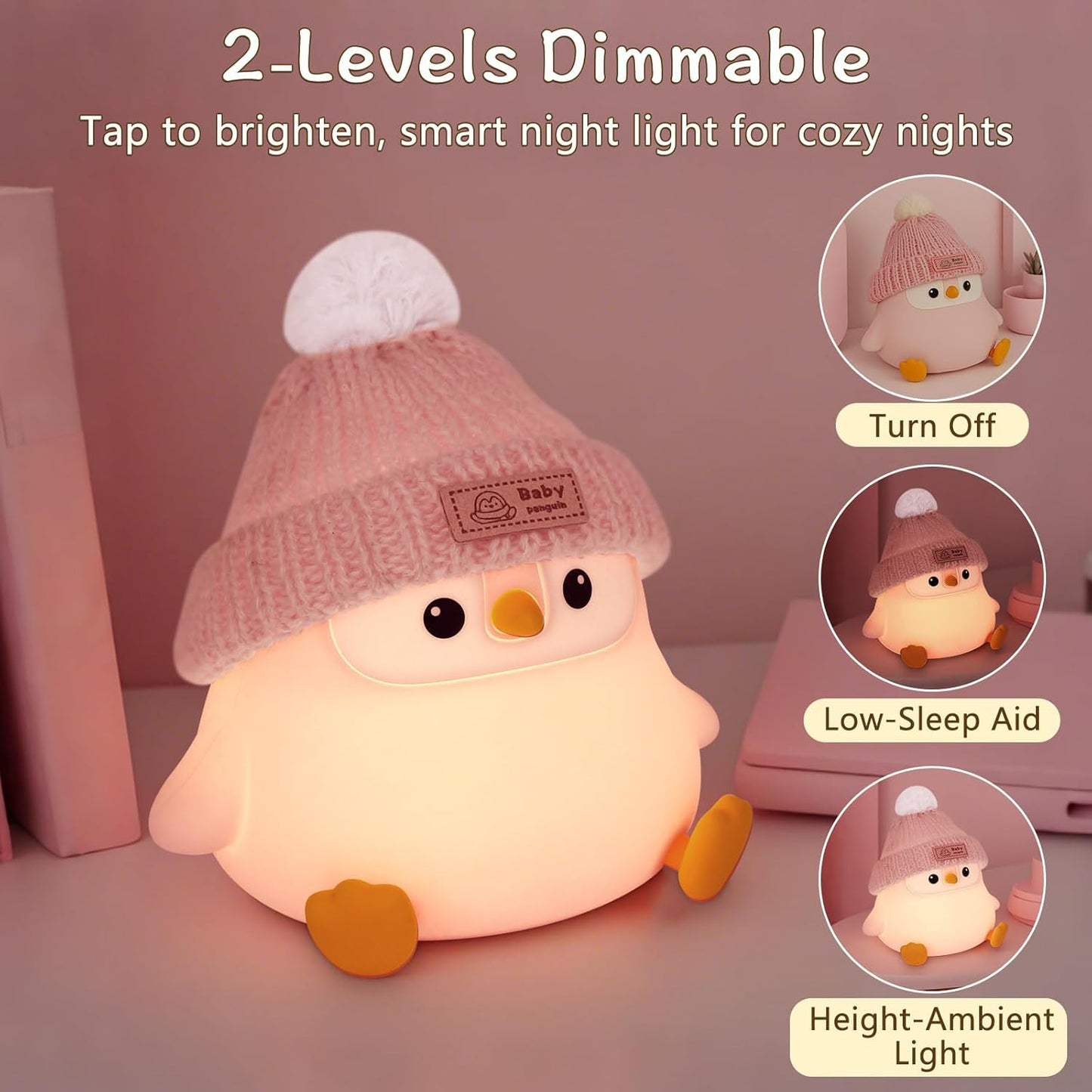 Penguin Silicone Night Light, Cute Pink Penguin Lamp with Knitted Hat, Soft Nursery Nightlight, USB Rechargeable/Dimmable,LED Squishy Novelty Animal Bedside Lamp,Funny Gifts for Kids/Girls