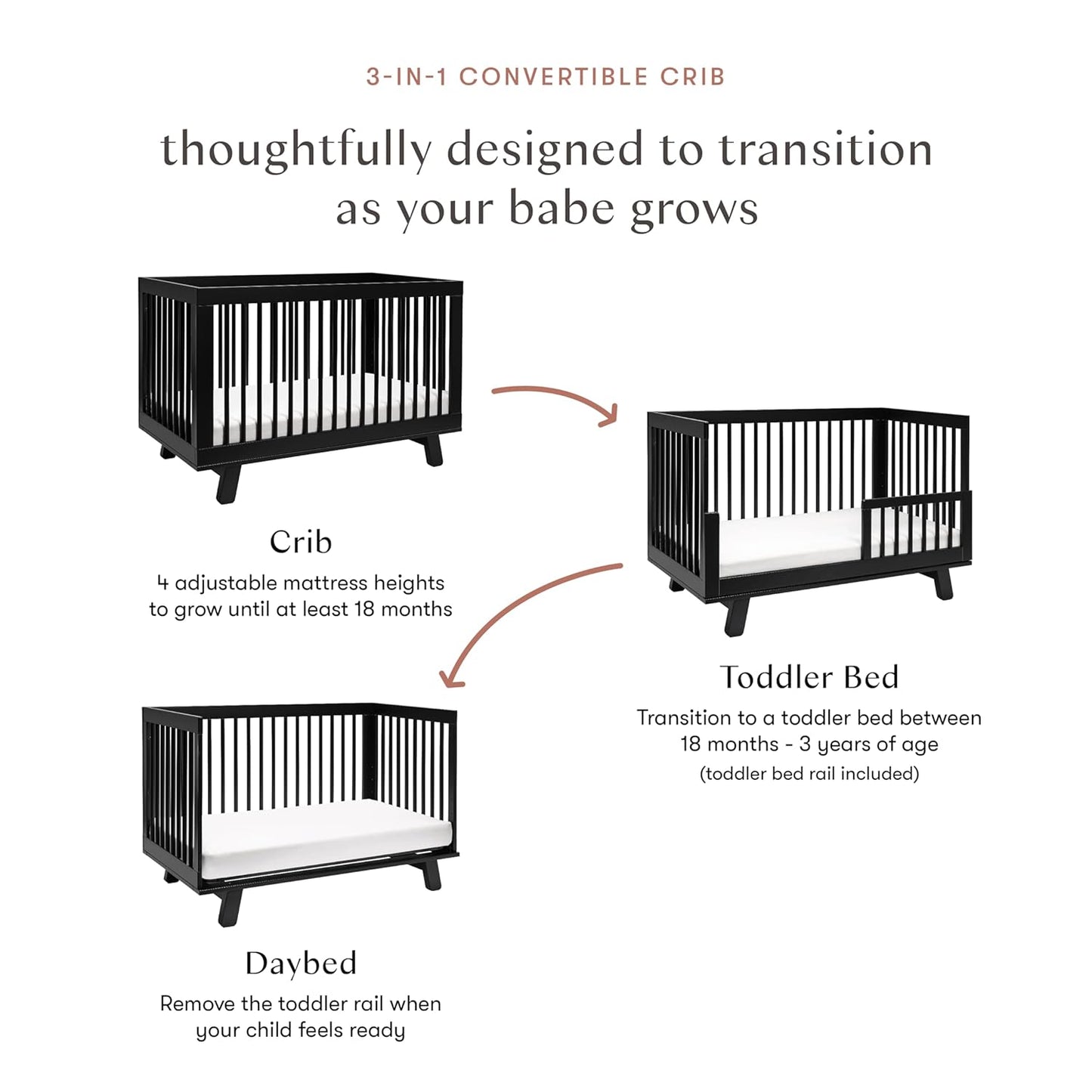 Babyletto Hudson 3-in-1 Convertible Baby Crib - GREENGUARD Gold Certified Convertible Crib to Toddler Bed & Daybed - Wooden Baby Bed with 4 Adjustable Mattress Heights - Easy to Assemble - Black